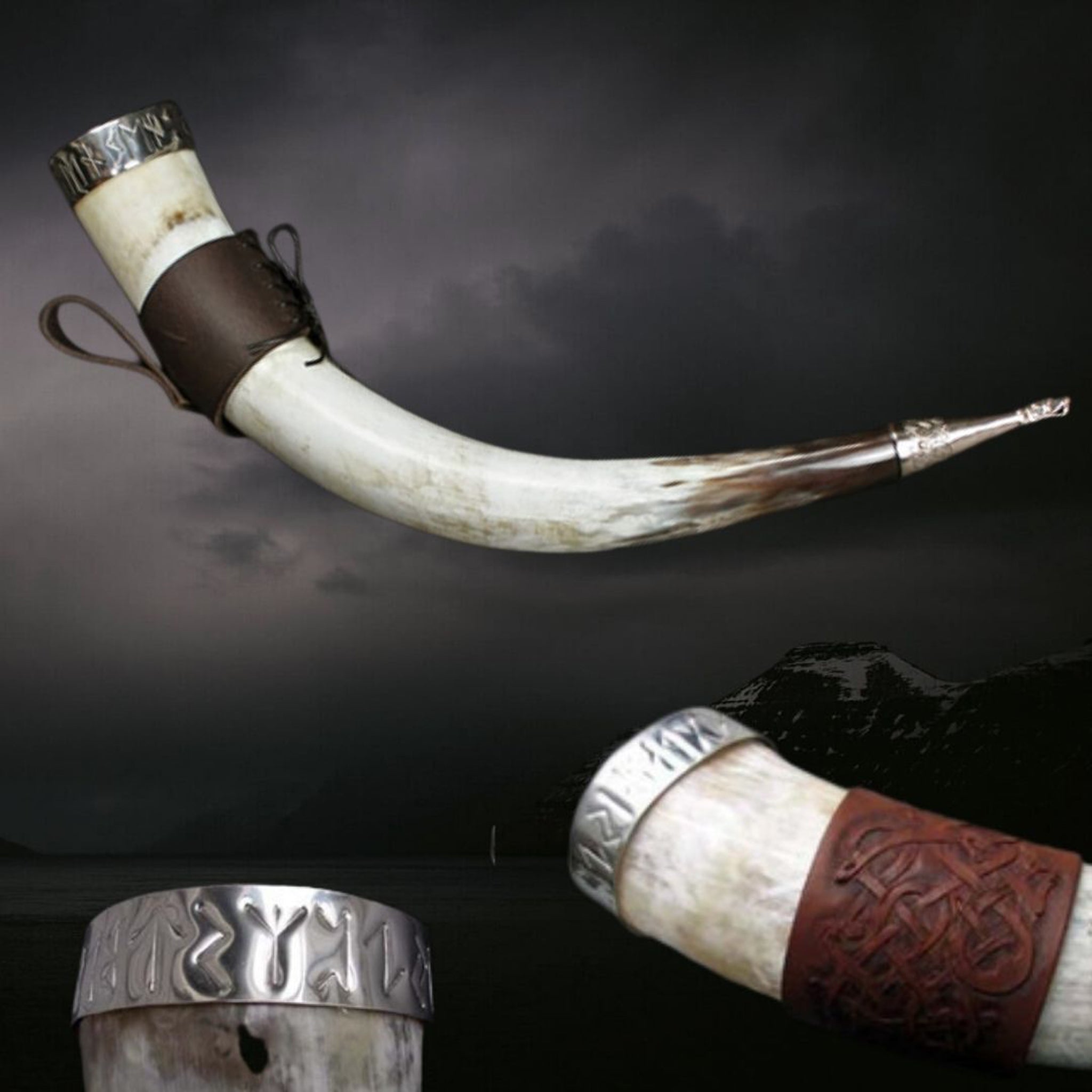 Large Custom Viking Drinking Horn with Belt Hanger, Runic Pewter Rim on Dark Skies Background