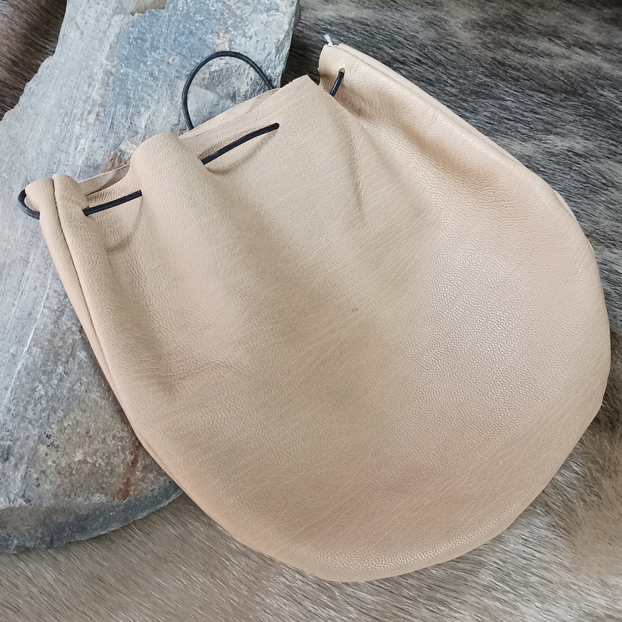 Large Leather Draw String Pouch on Rock