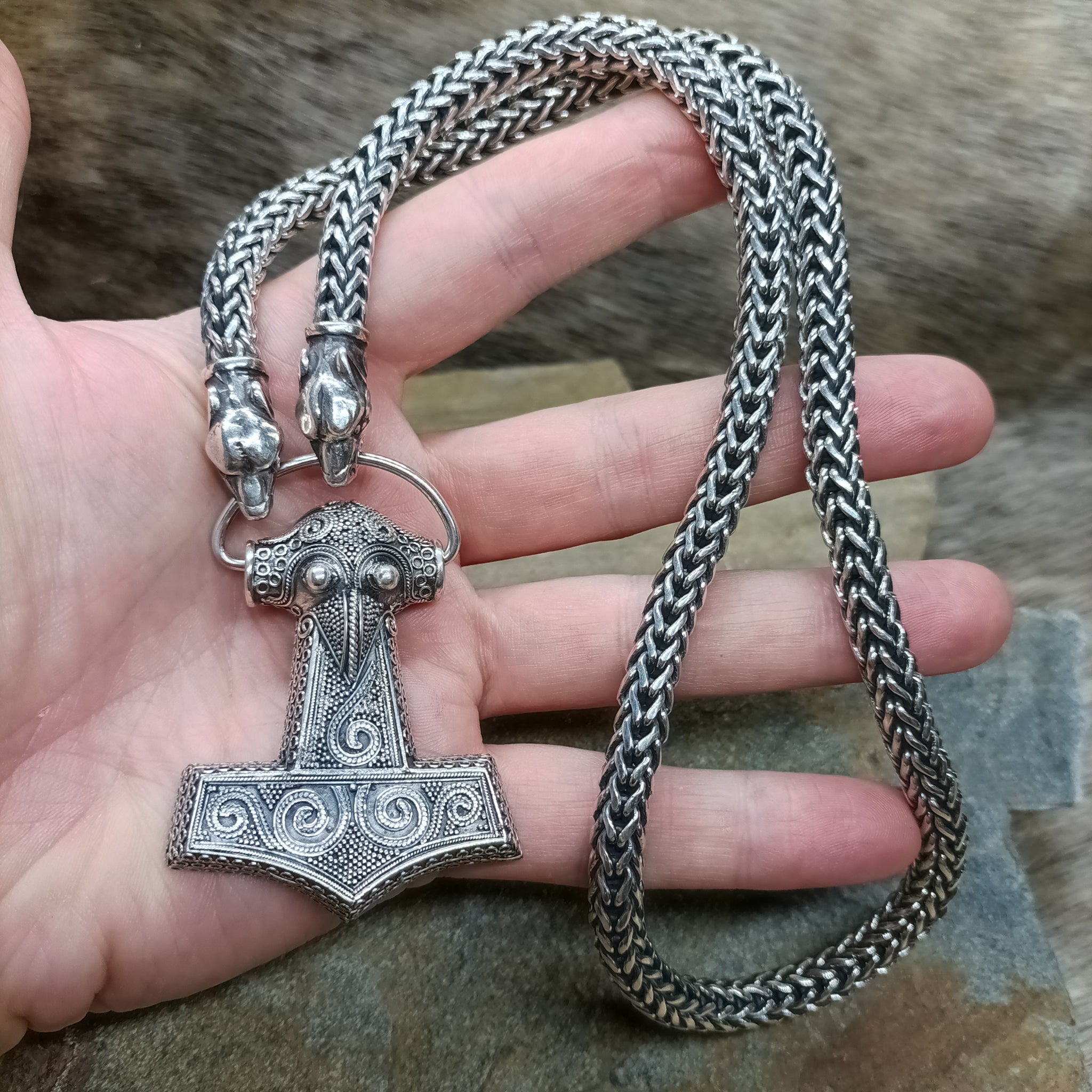 8mm Thick Silver Snake Chain Thors Hammer Necklace with Ferocious Wolf Heads and Large Silver Kabara Thors Hammer on Hand