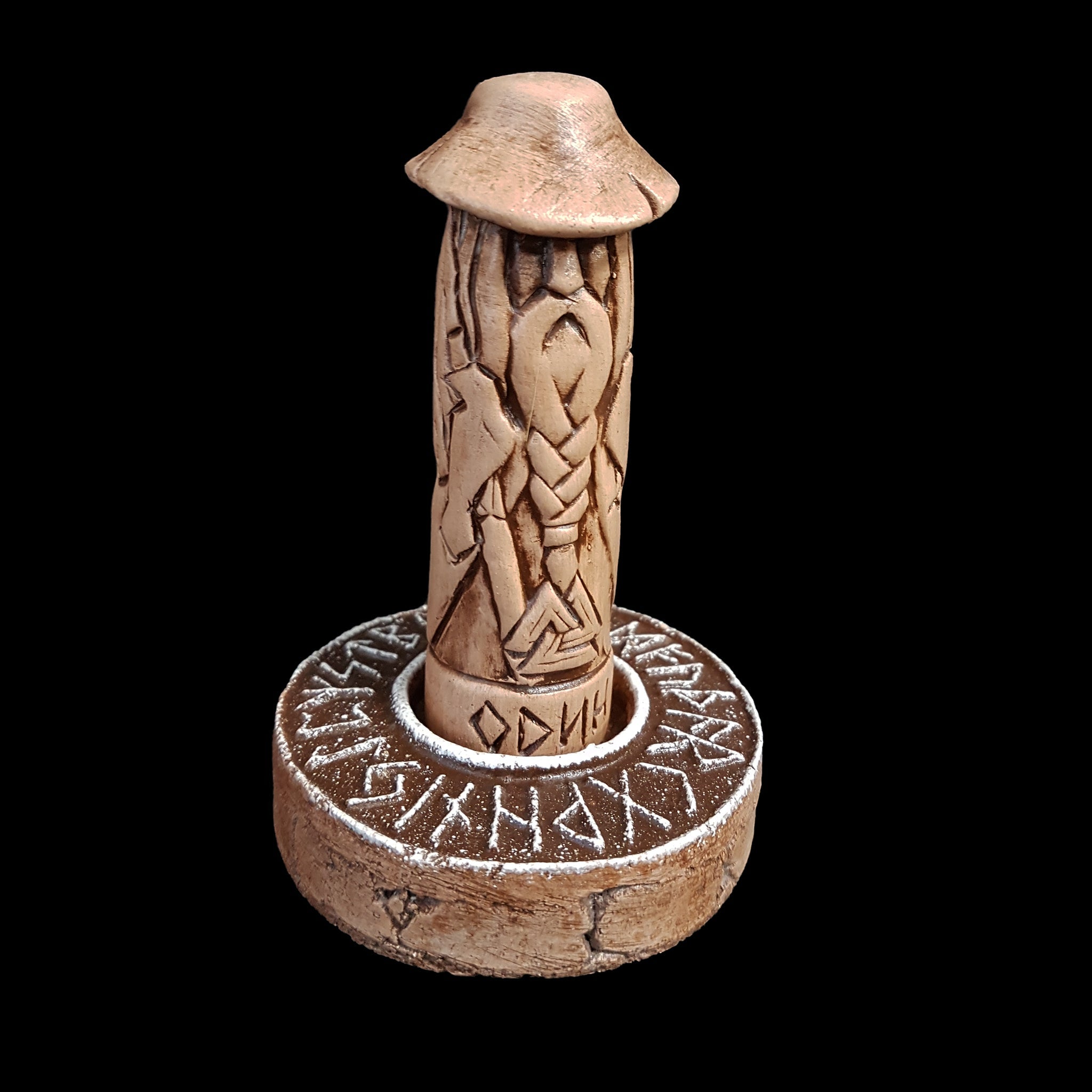 Hand-Crafted Ceramic Elder Futhark Runic Altar with Odin Statue - Asatru / Heathen