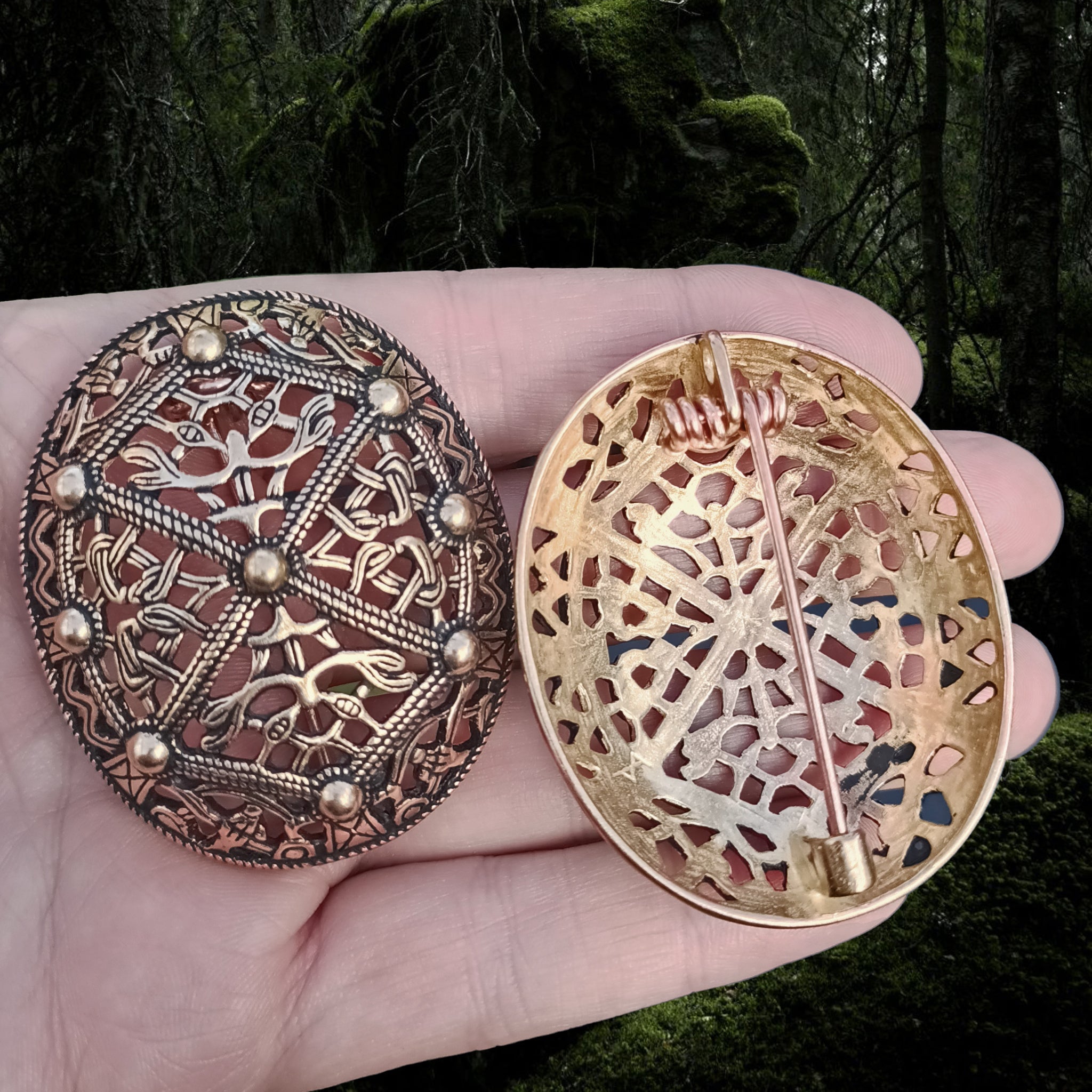 Bronze Borre Style Openwork Akershus Viking Tortoise Brooches in Hand - Front and Back