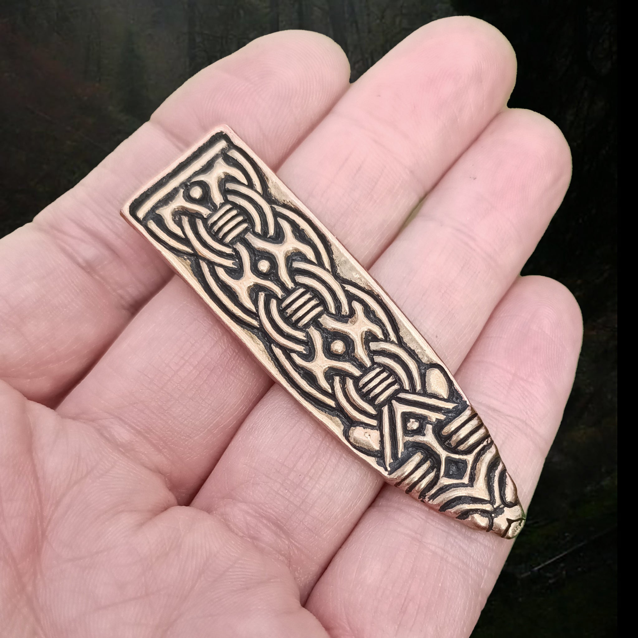Bronze Borre Style Viking Strap End on Hand