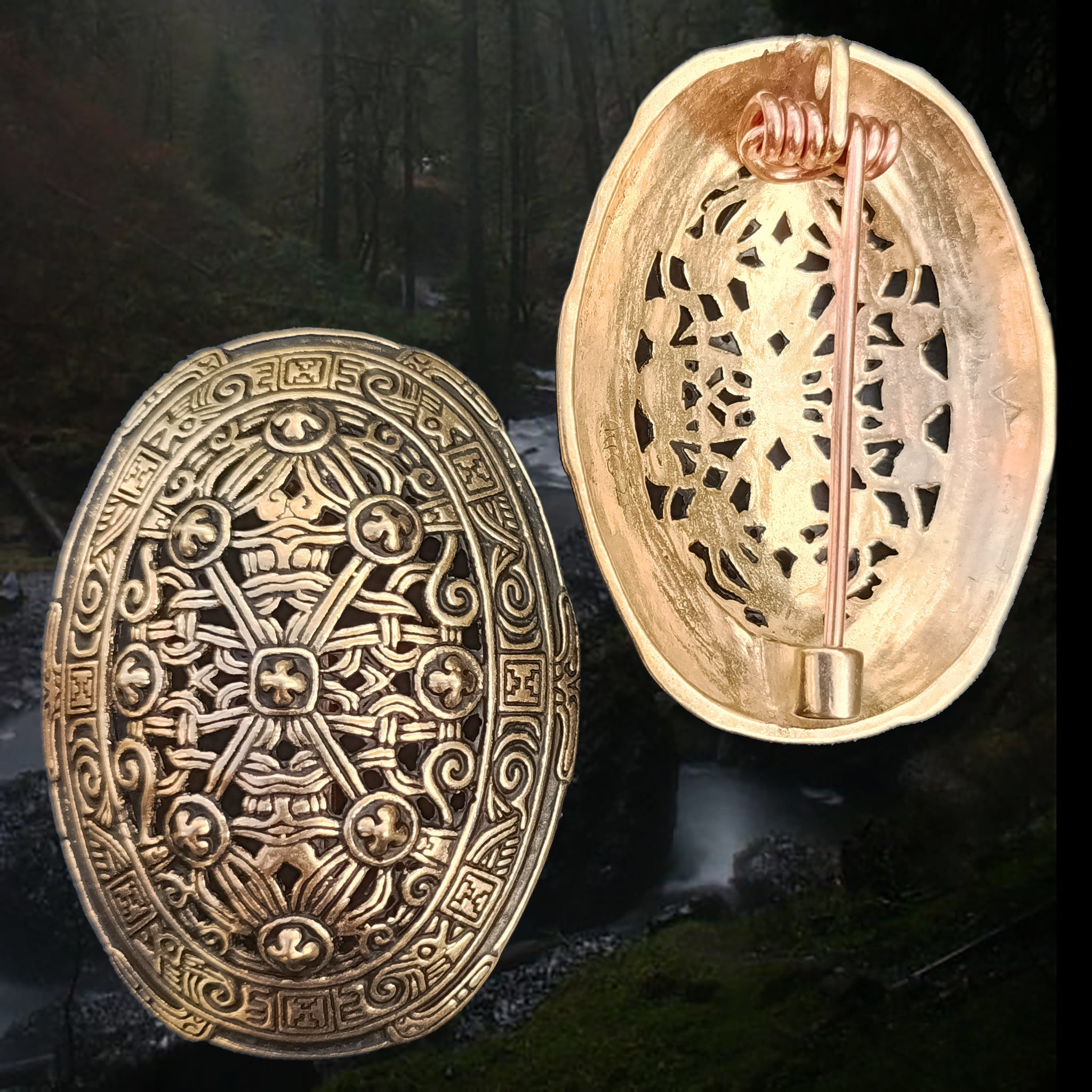 Bronze Borre Style Openwork Viking Tortoise Brooches - Front and Back