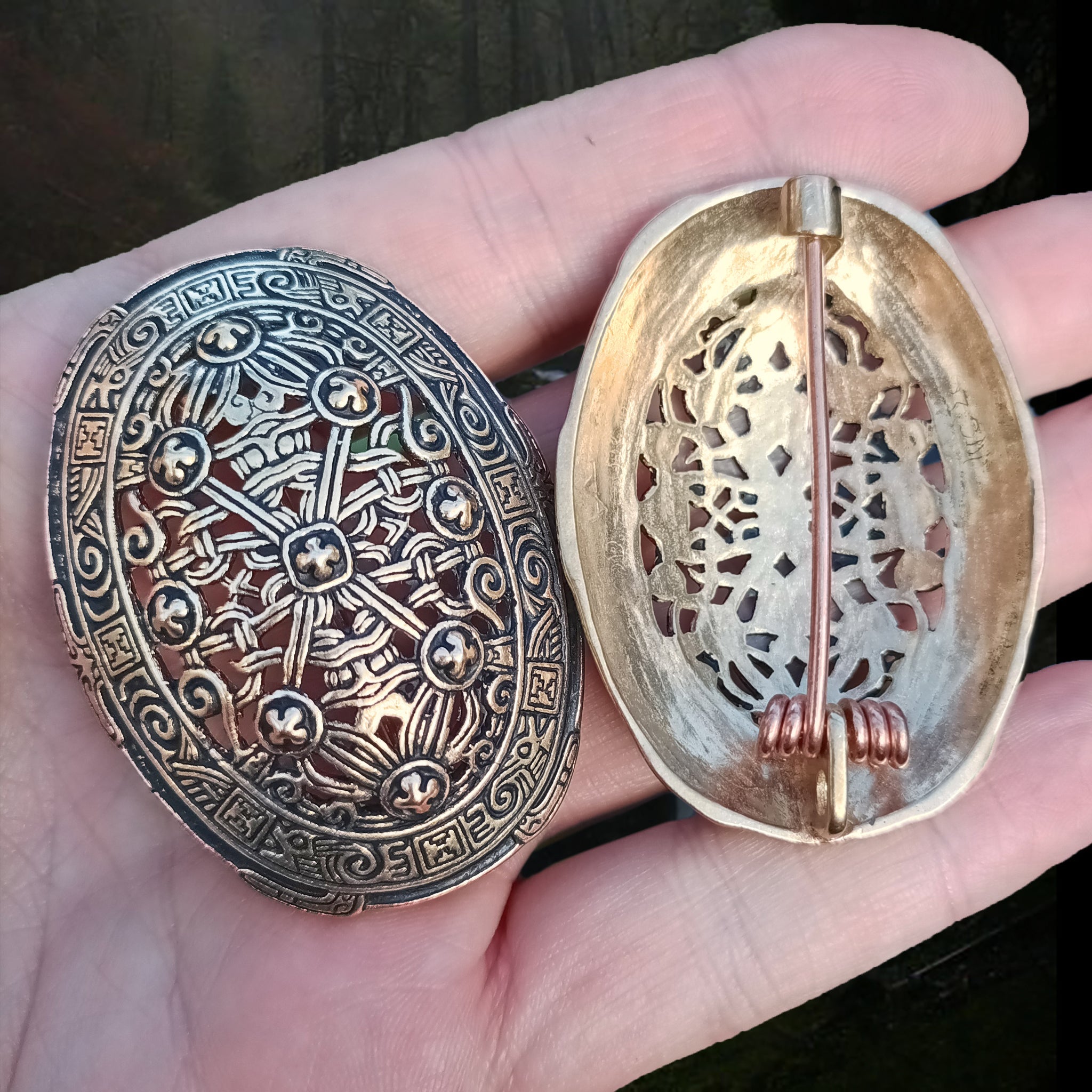 Bronze Borre Style Openwork Viking Tortoise Brooches - Front and Back on Hand