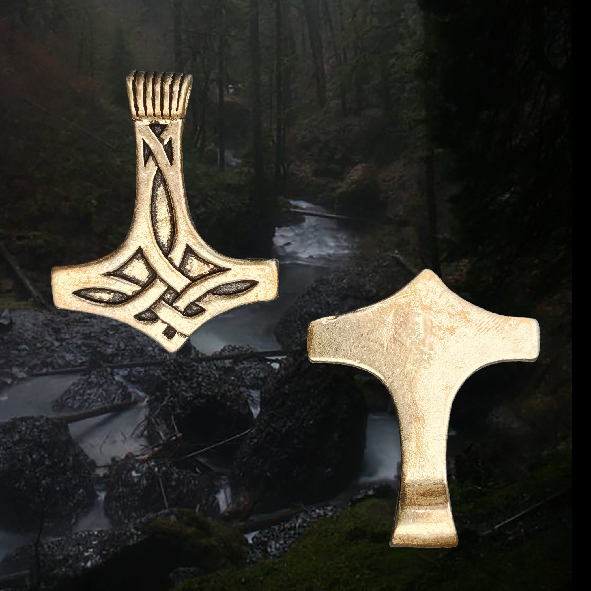 Bronze Thors Hammer Pendant with Knotwork Design - Front and Back