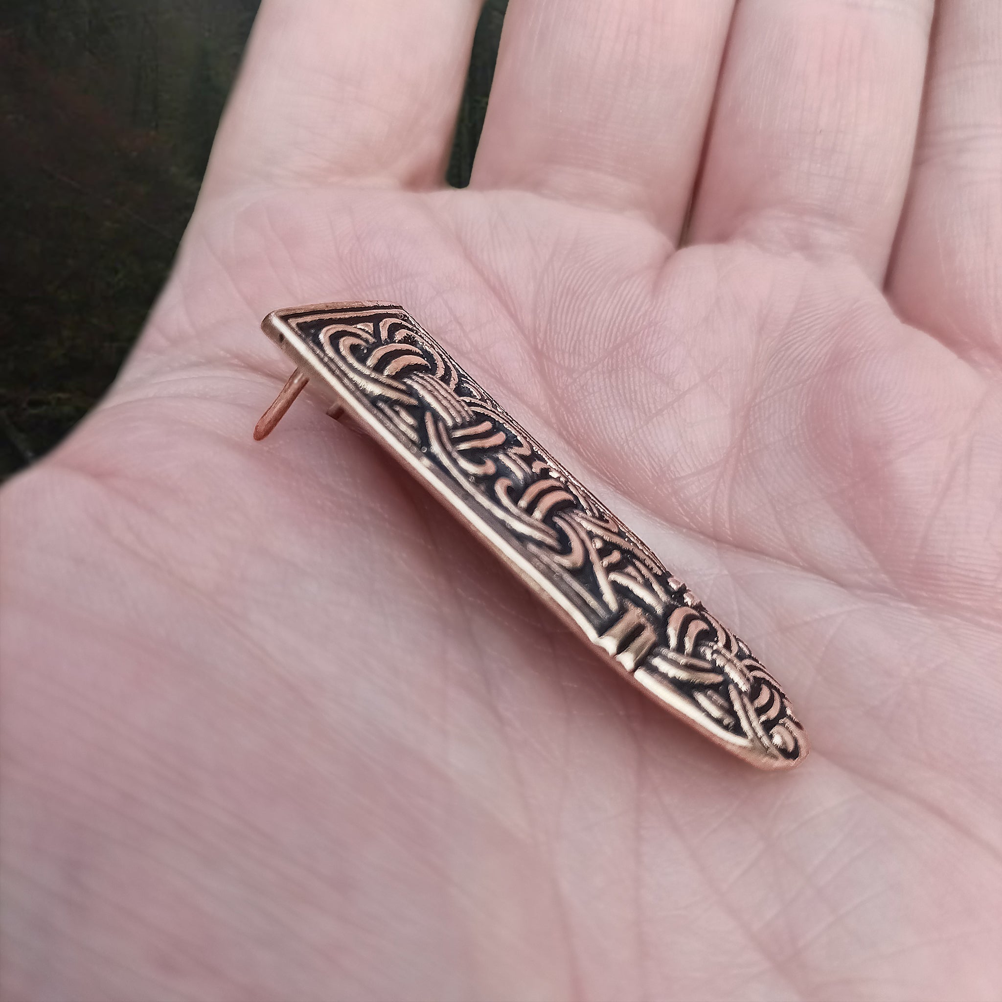Bronze Borre Style Birka Viking Strap End on Hand - Side View