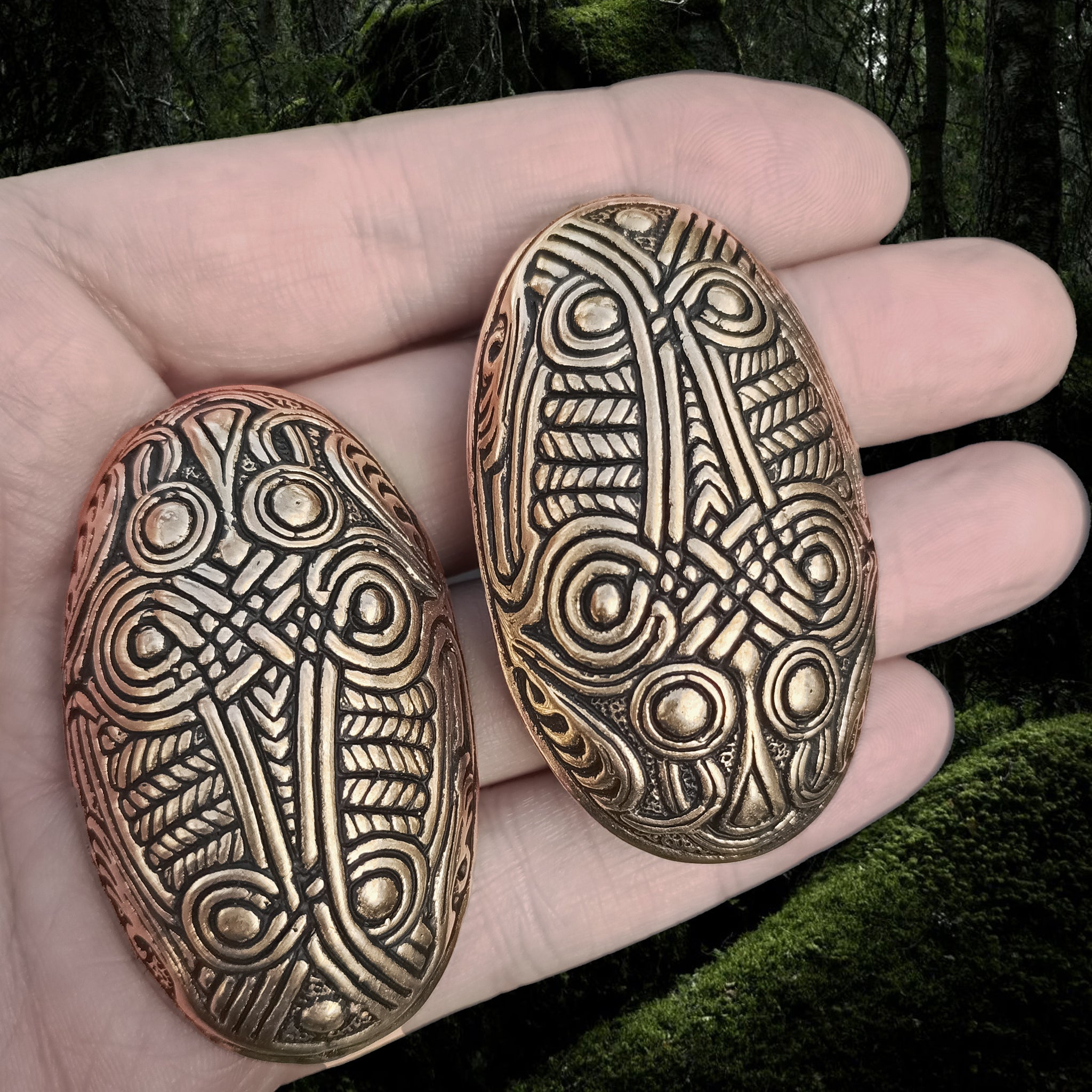 Bronze Norwegian Viking Turtle Brooches in Hand
