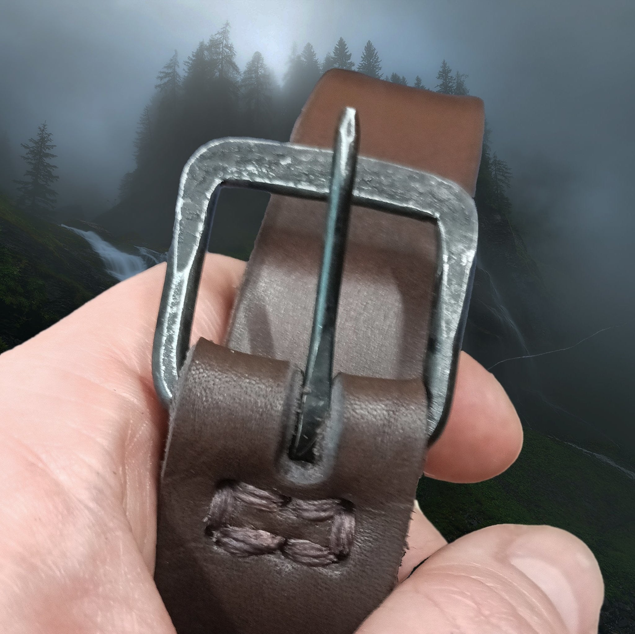 Hand-Forged Iron Viking / Medieval Buckle - 25mm (1 inch) on Brown Leather Belt in Hand