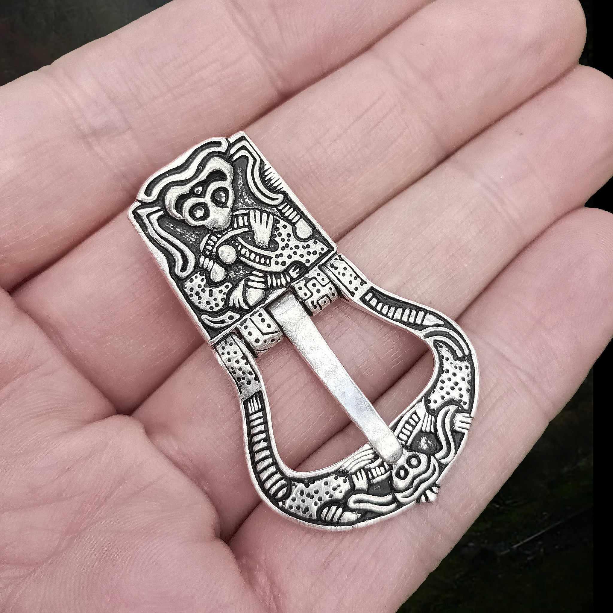 Silver Plated Borre Style Gripping Beast Viking Buckle on Hand