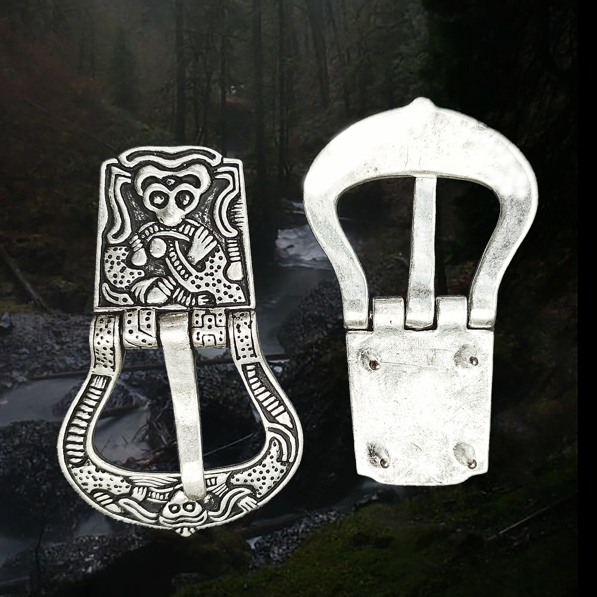 Silver Plated Borre Style Gripping Beast Viking Buckle - Front and Back