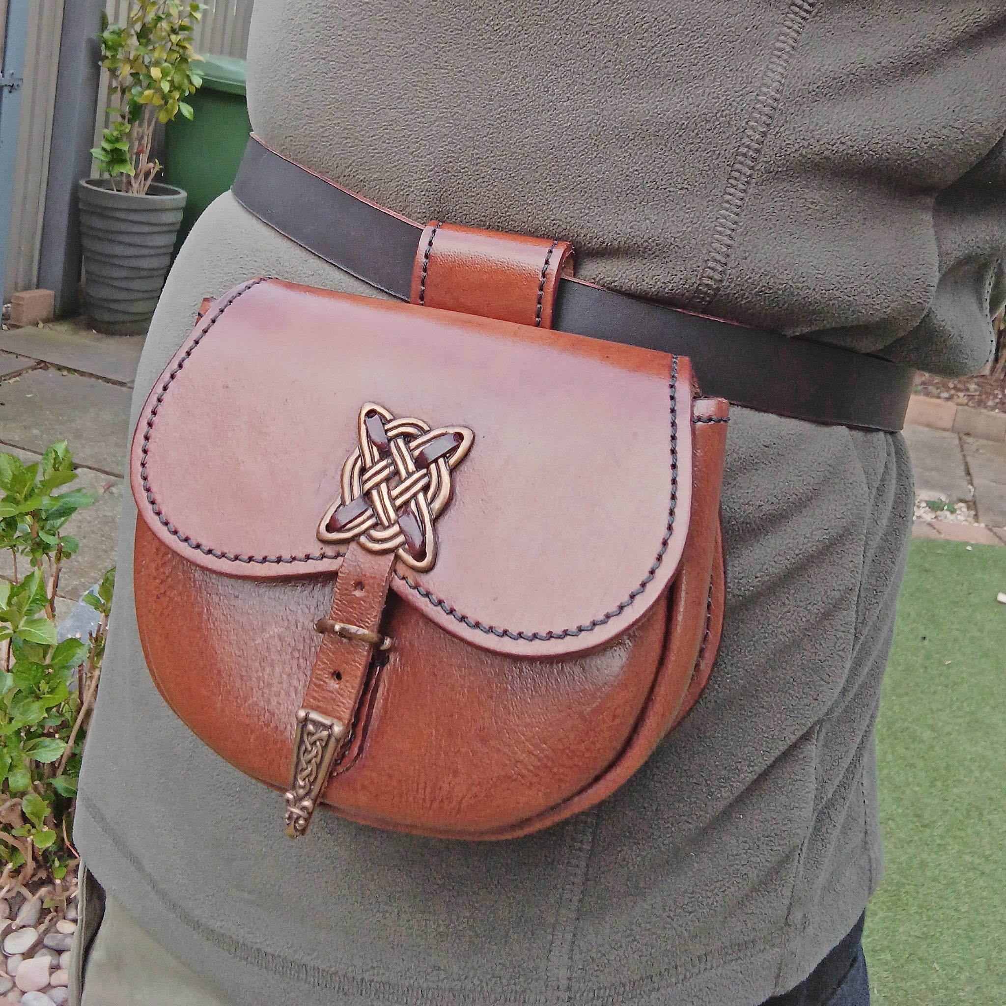 Turned Brown Leather Viking Belt Pouch with Bronze Fittings on Belt - Outside