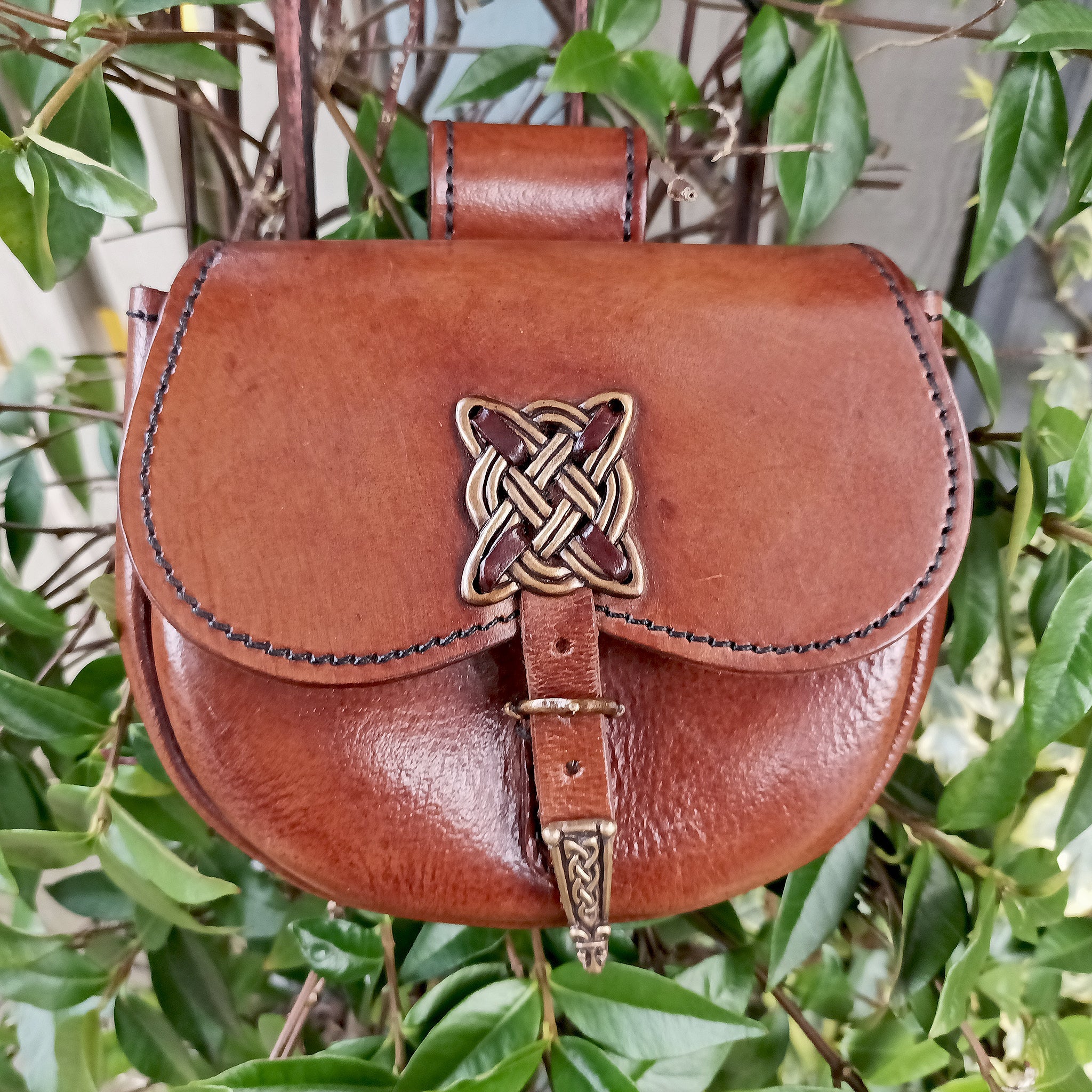 Turned Brown Leather Viking Belt Pouch with Bronze Fittings