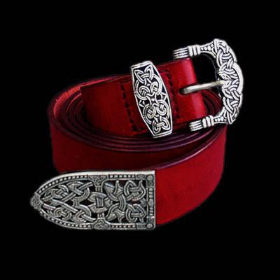 High Status Viking Belt With Gokstad Silver Fittings - Red Strap - Belts & Fittings