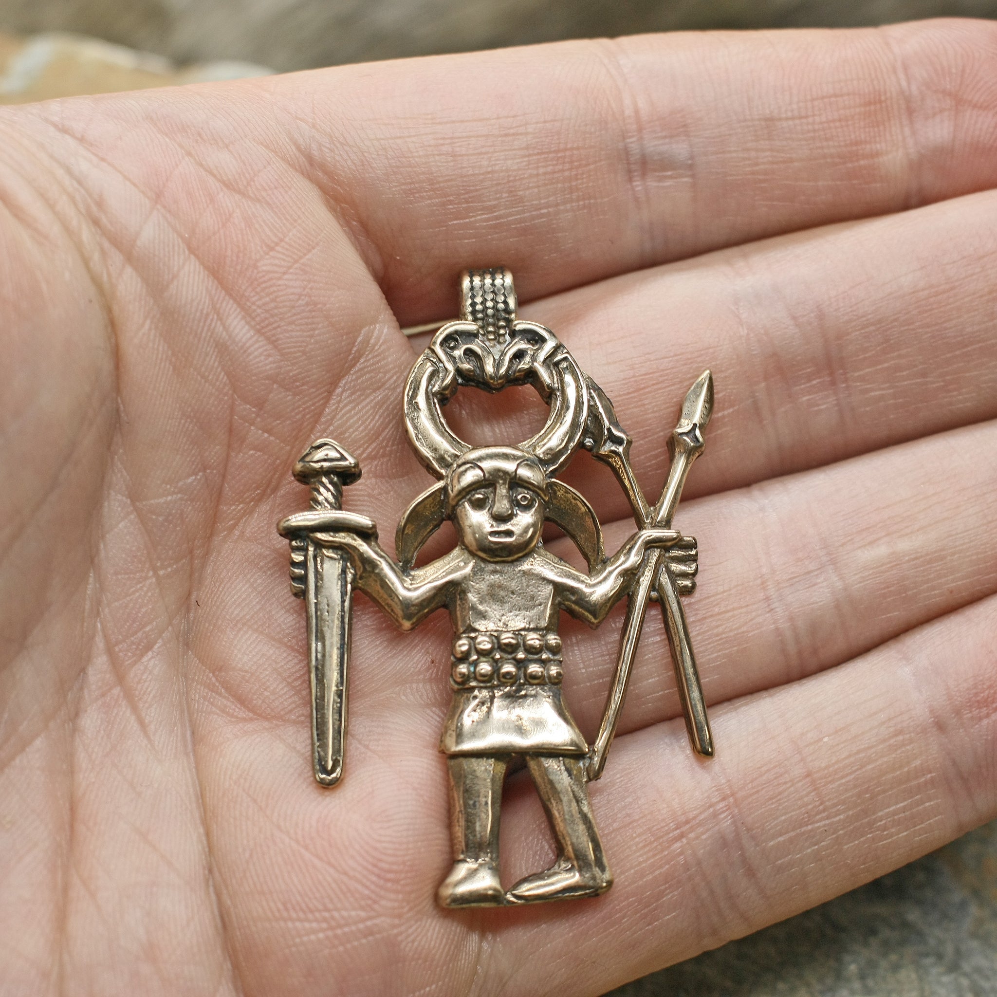 Large Bronze Odin Warrior Pendant on Hand