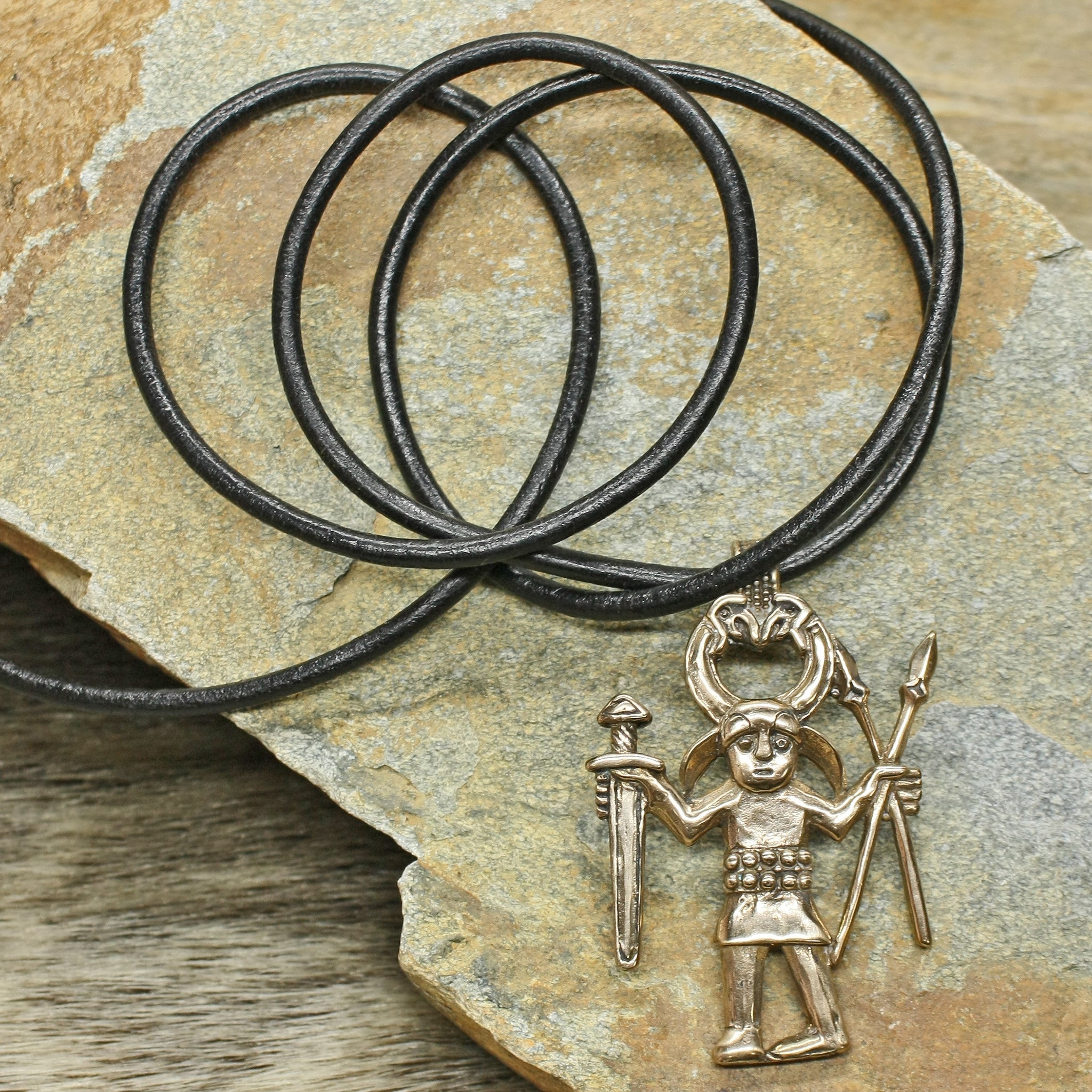 Large Bronze Odin Warrior Pendant on Thick Thong - on Rock
