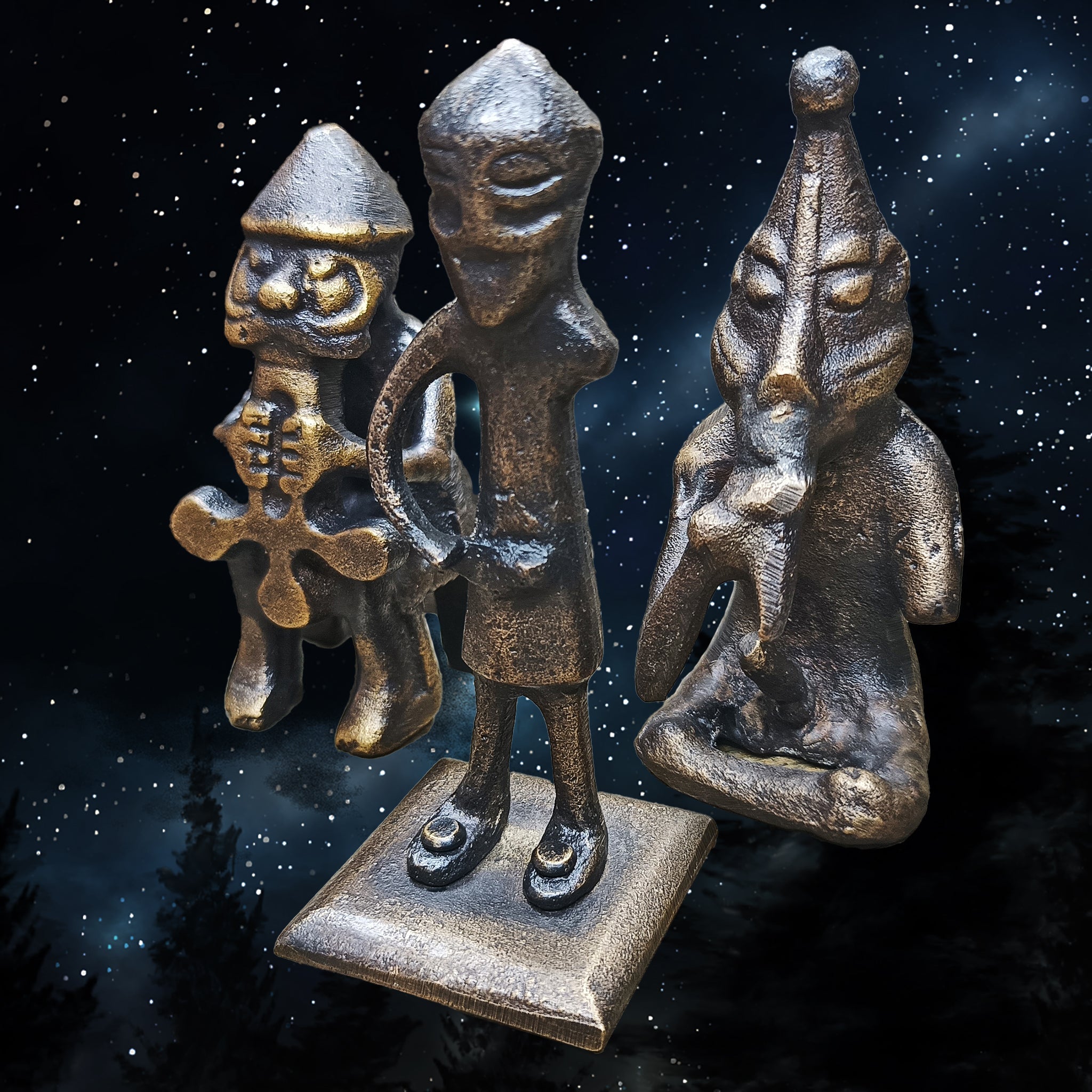Bronze Norse God Statues Set on Yule Starry Sky Background