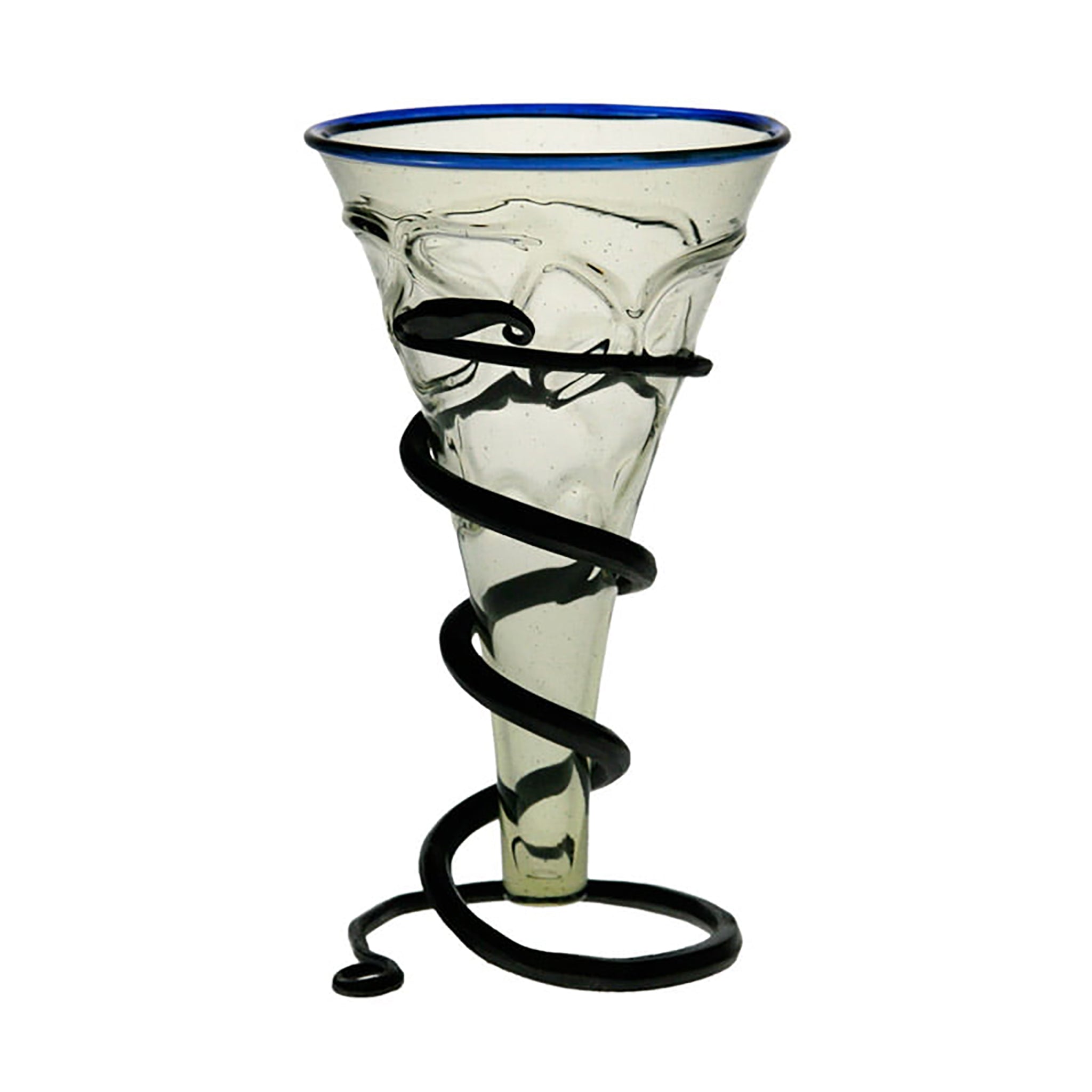 Decorated Glass Viking Cone Beaker with Blue Rim & Iron Stand - White Background