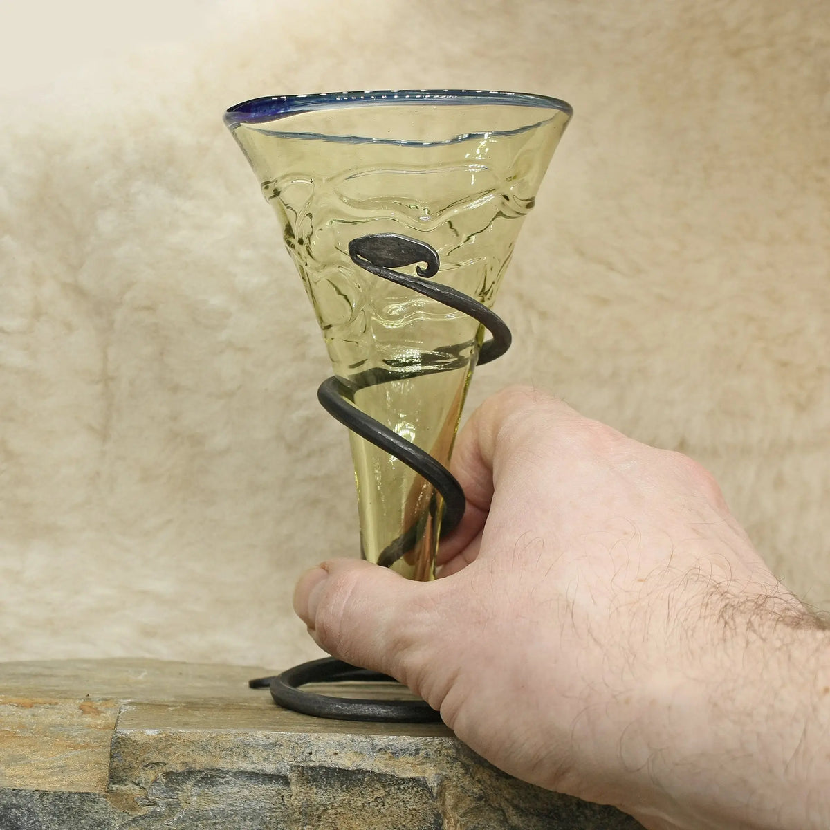 Viking Age Replica Decorated Cone Glass with Blue Rim & Iron Stand
