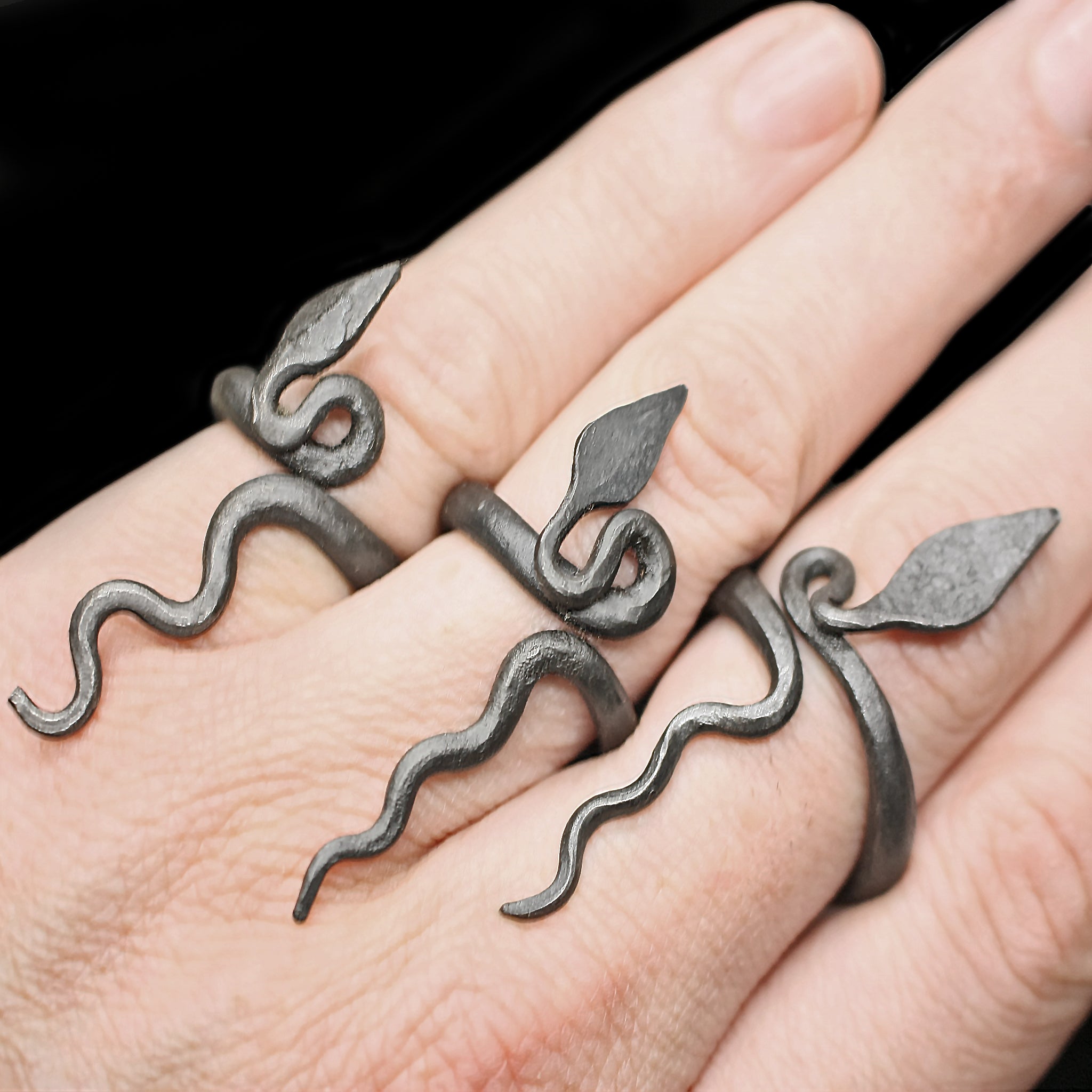 Iron Snake / Serpent Rings on Hand - 3 Sizes