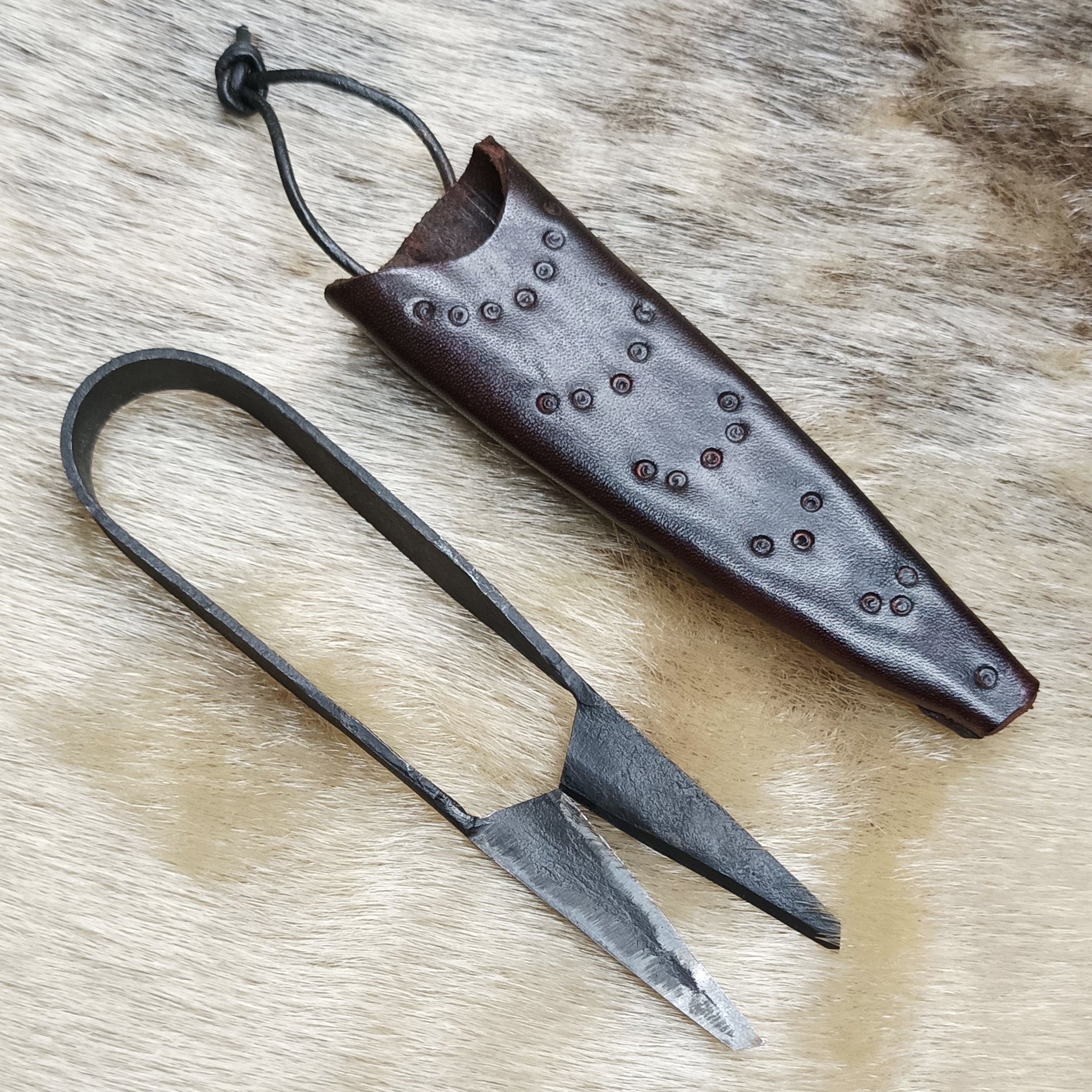 Hand-Forged Medium Snips with Handmade Leather Dot and Ring Sheath