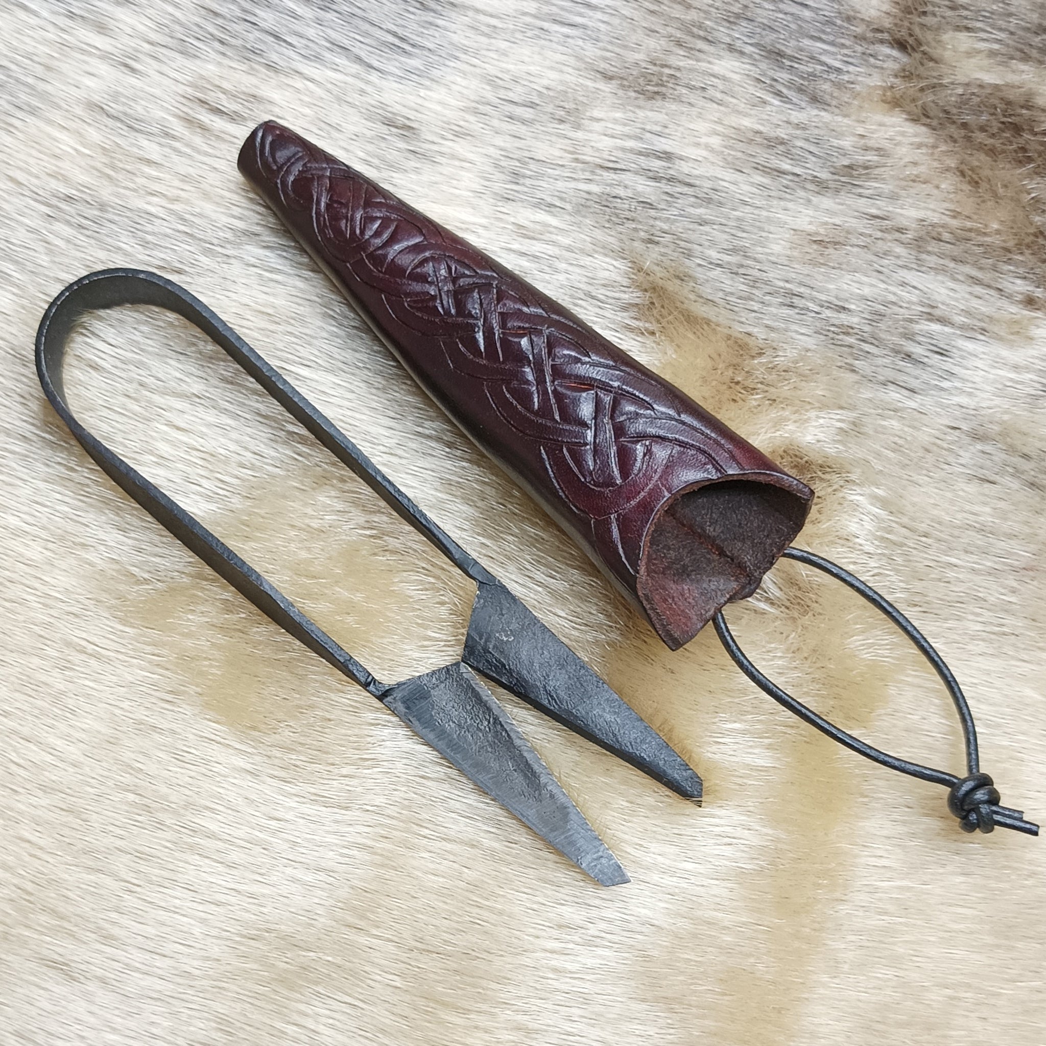 Hand-Forged Medium Snips with Handmade Leather Knotwork Sheath