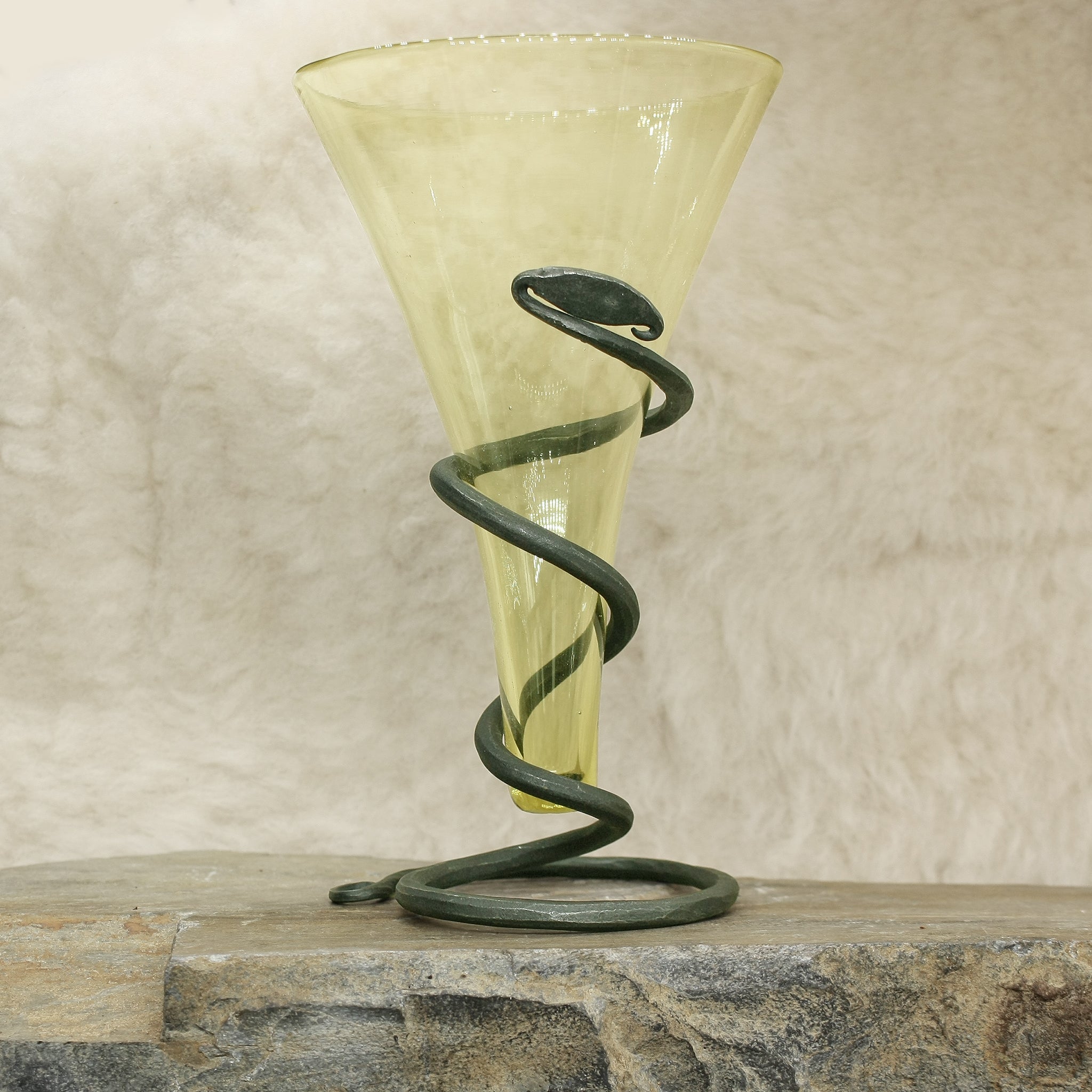 Glass Viking Cone Beaker with Iron Serpent Stand on Rock