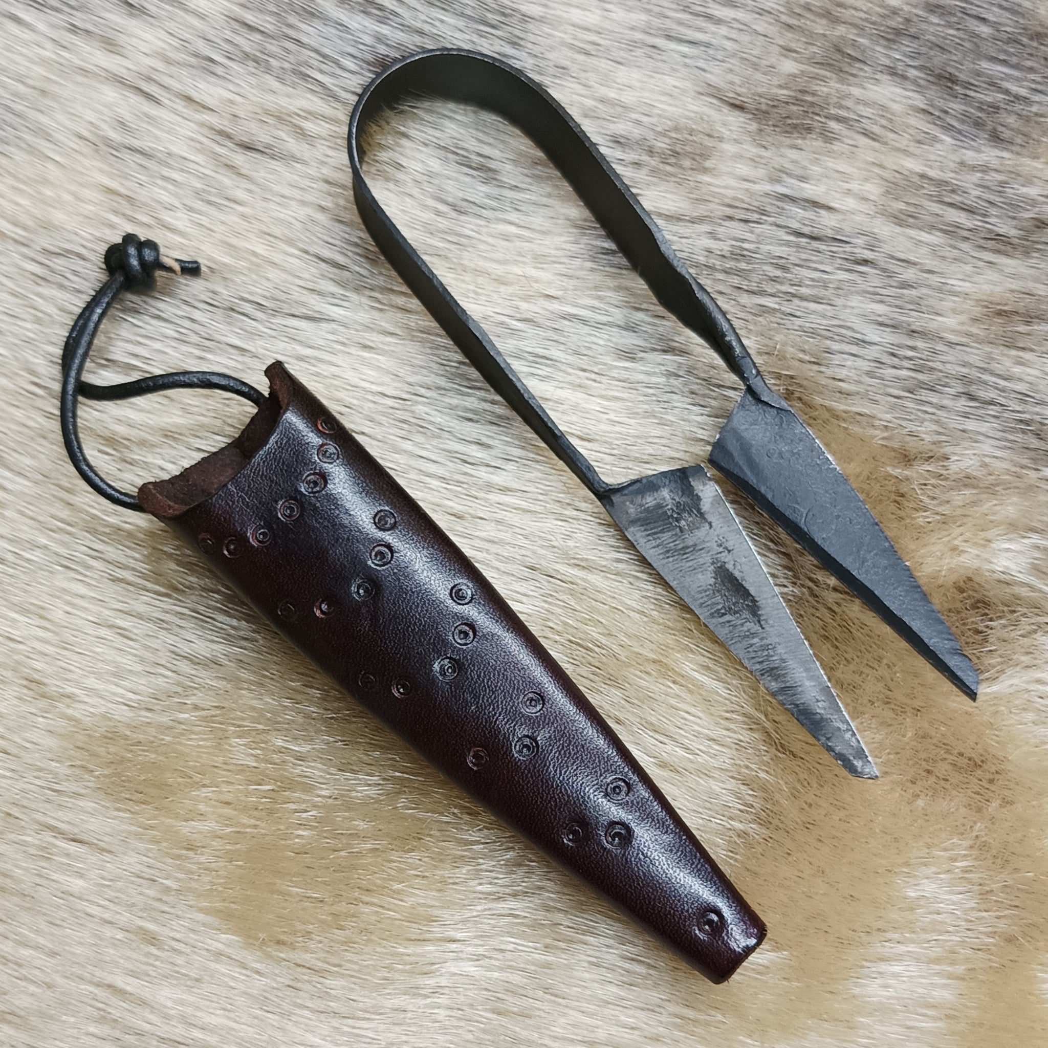 Hand-Forged Small Snips with Handmade Leather Dot and Ring Sheath
