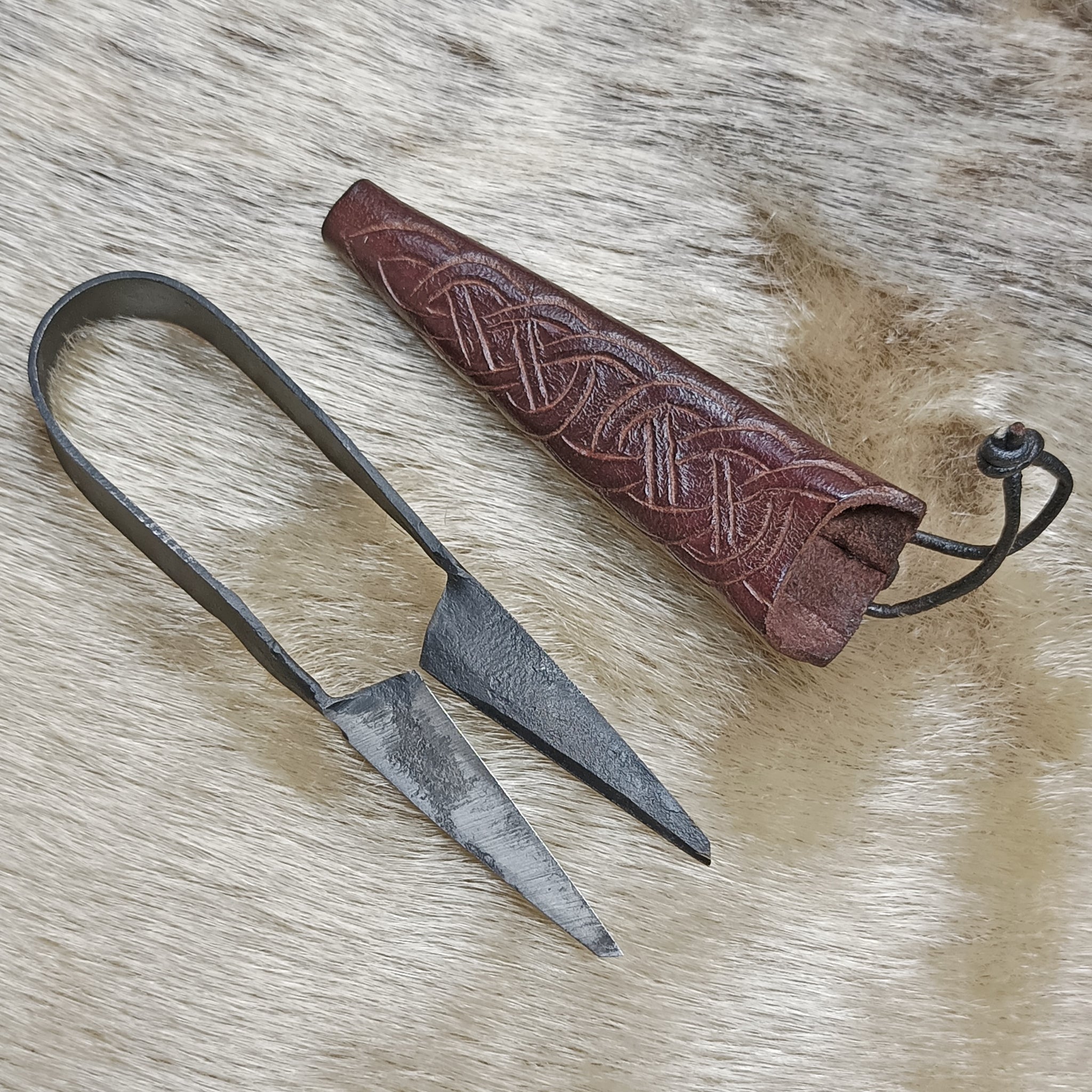 Hand-Forged Small Snips with Handmade Leather Knotwork Sheath