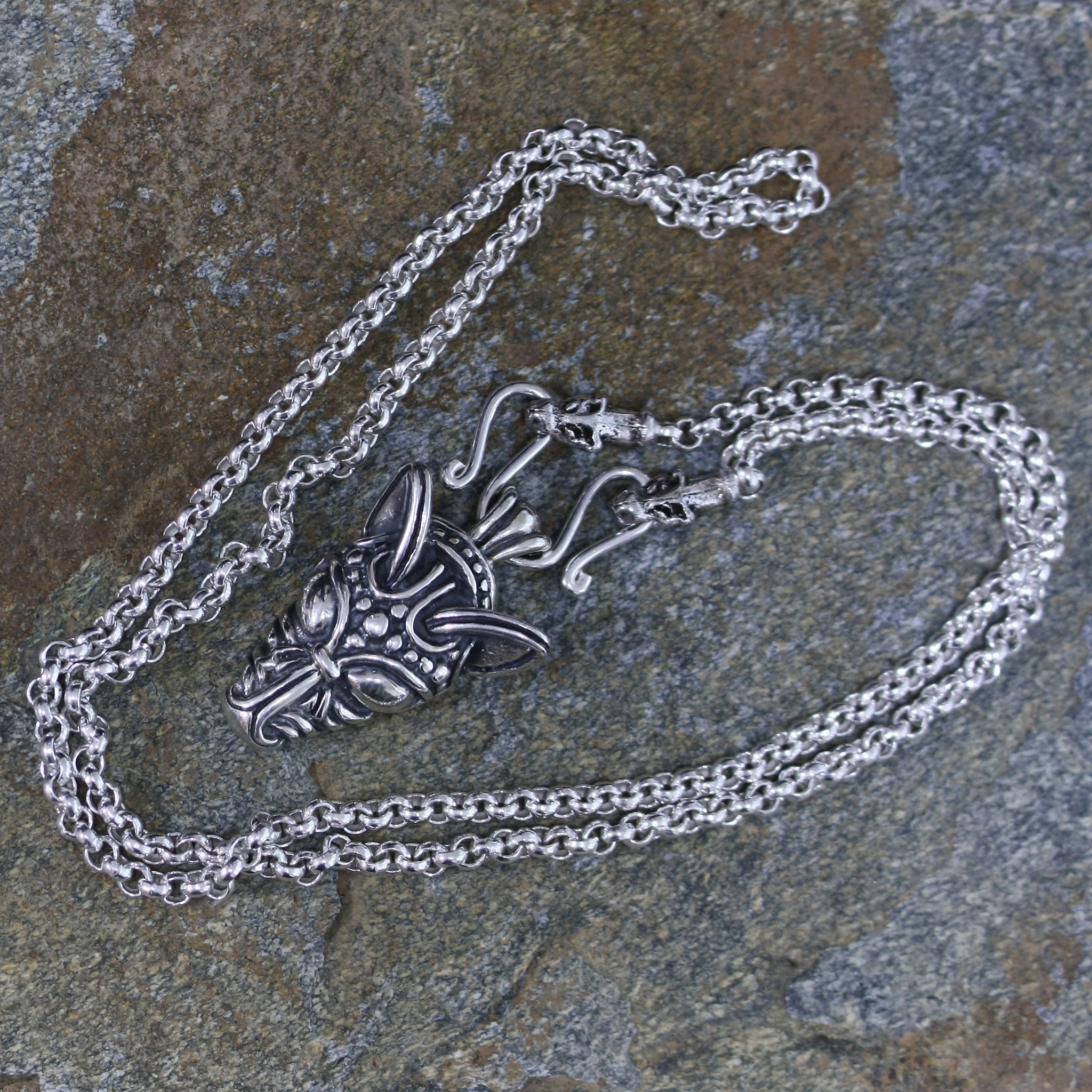 Sterling Silver Anchor Chain Viking Necklace with Icelandic Wolf Heads on Rock - Viking Jewelry