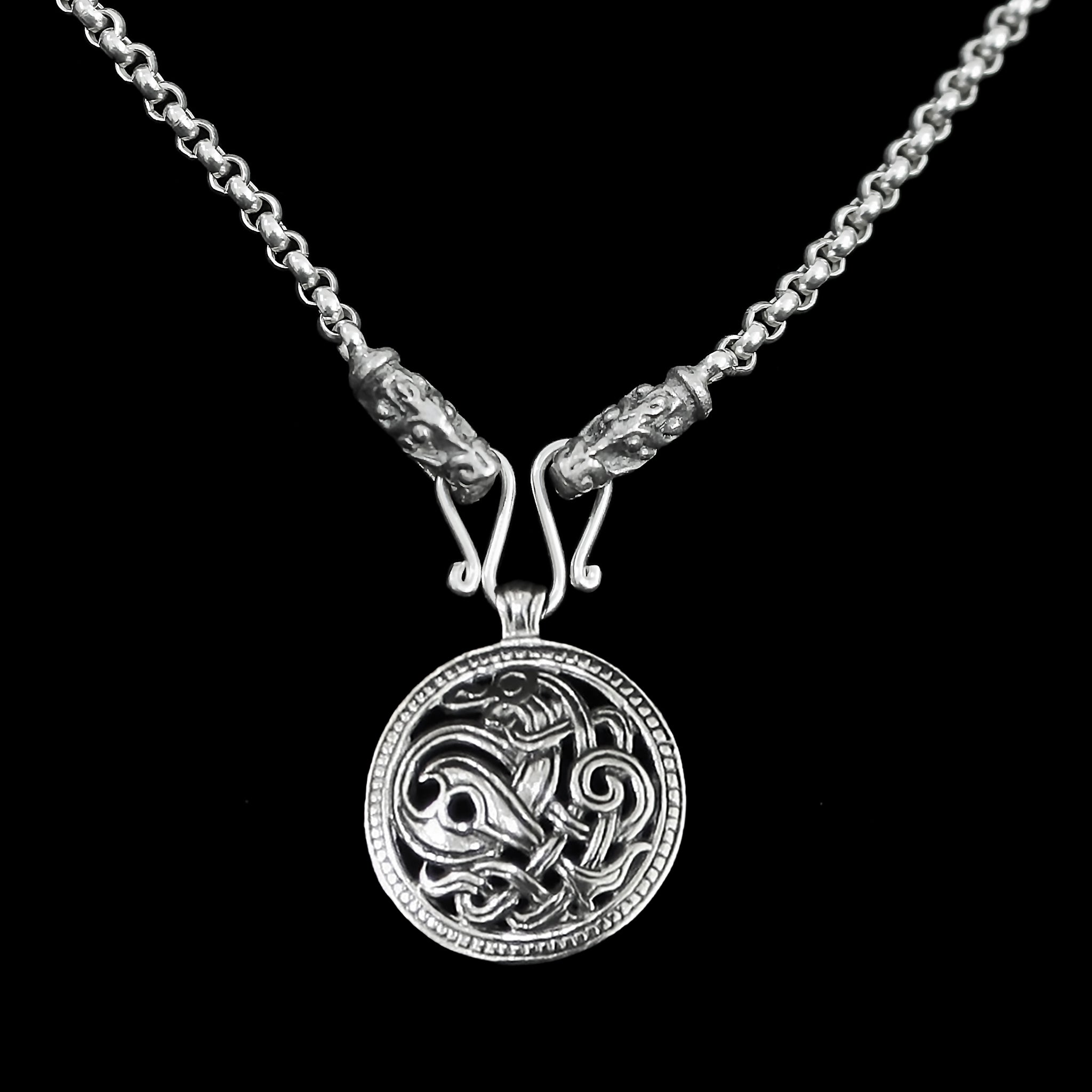 Slim Silver Anchor Chain Pendant Necklace with Gotland Dragon Heads with Jelling Dragon Pendant