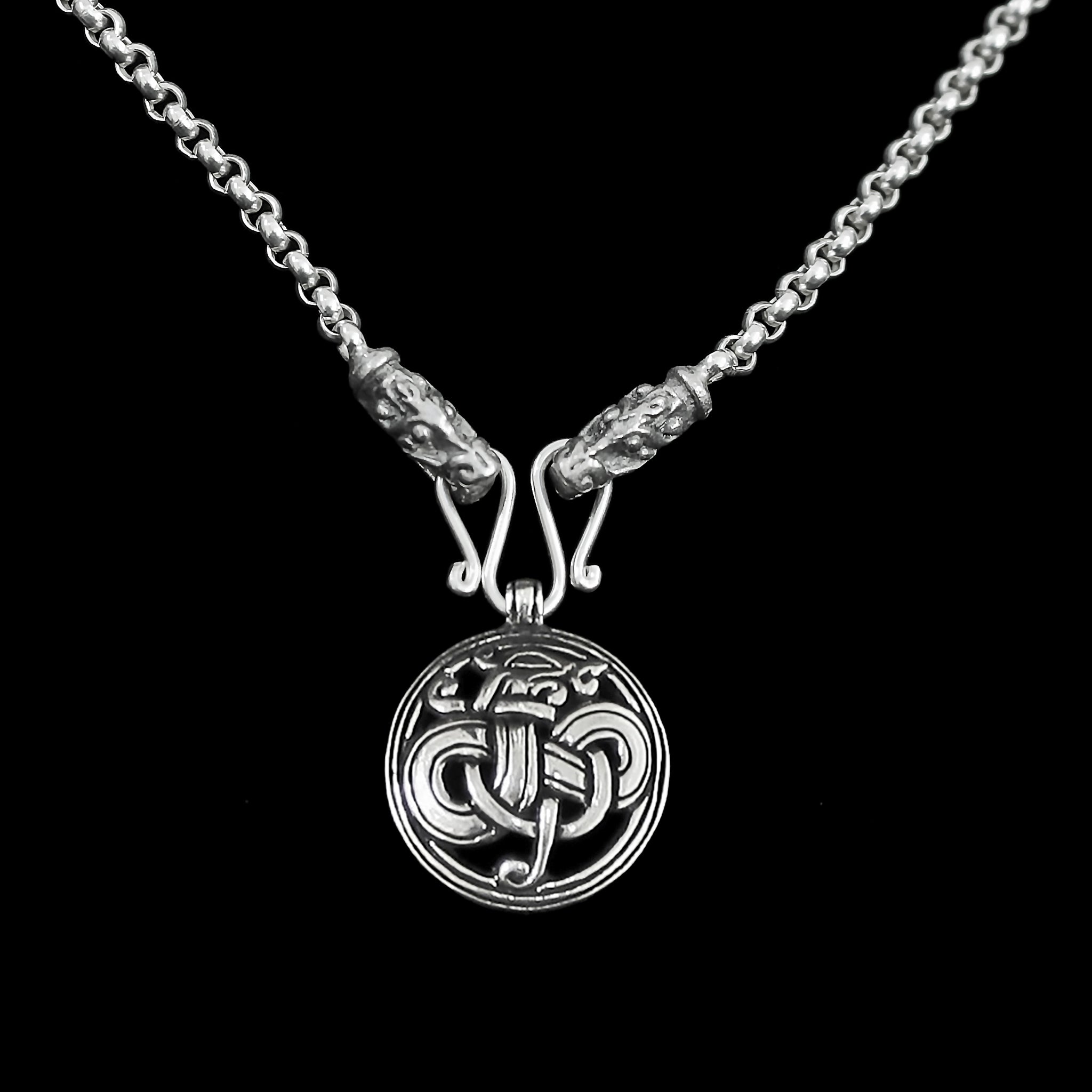 Slim Silver Anchor Chain Pendant Necklace with Gotland Dragon Heads with Urnes Dragon Pendant
