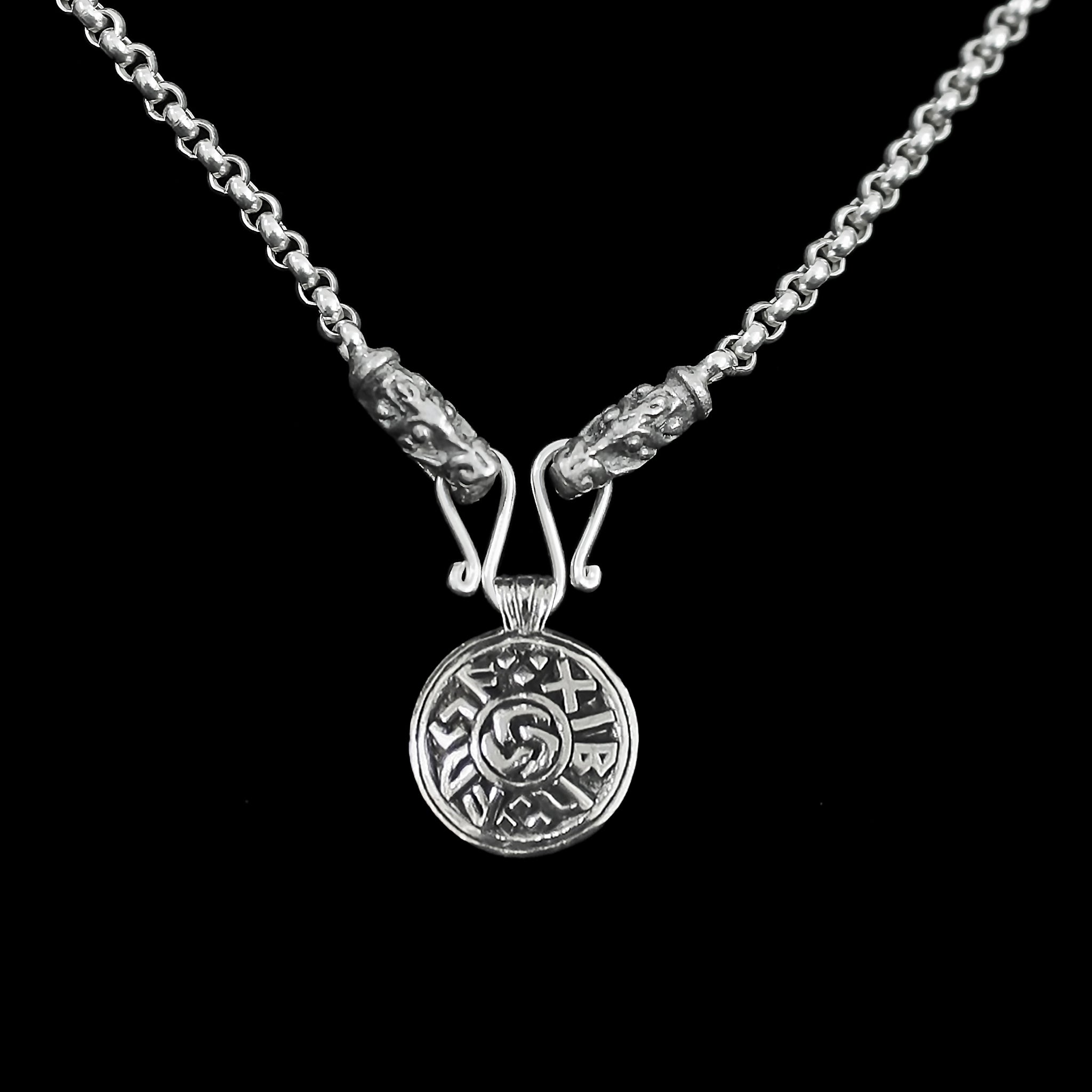 Slim Silver Anchor Chain Pendant Necklace with Gotland Dragon Heads with Viking Luck Pendant