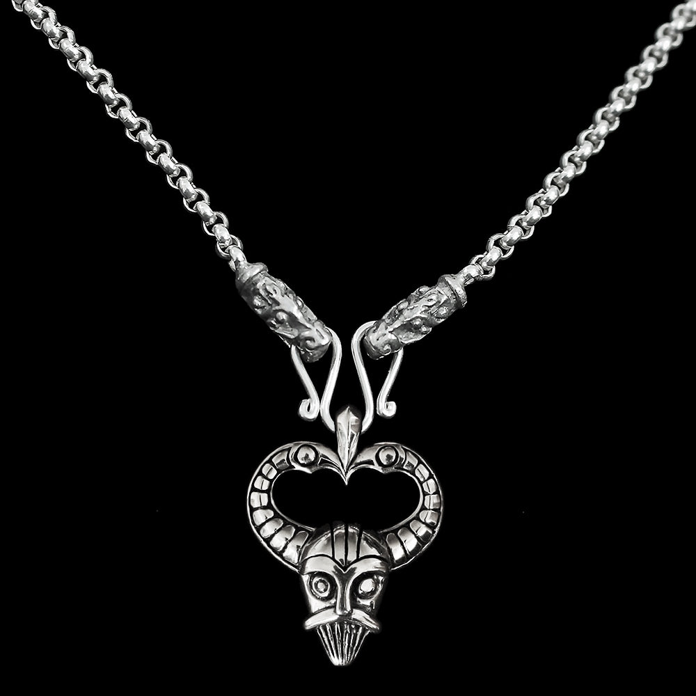 Slim Silver Anchor Chain Pendant Necklace with Gotland Dragon Heads with Odin Mask Pendant