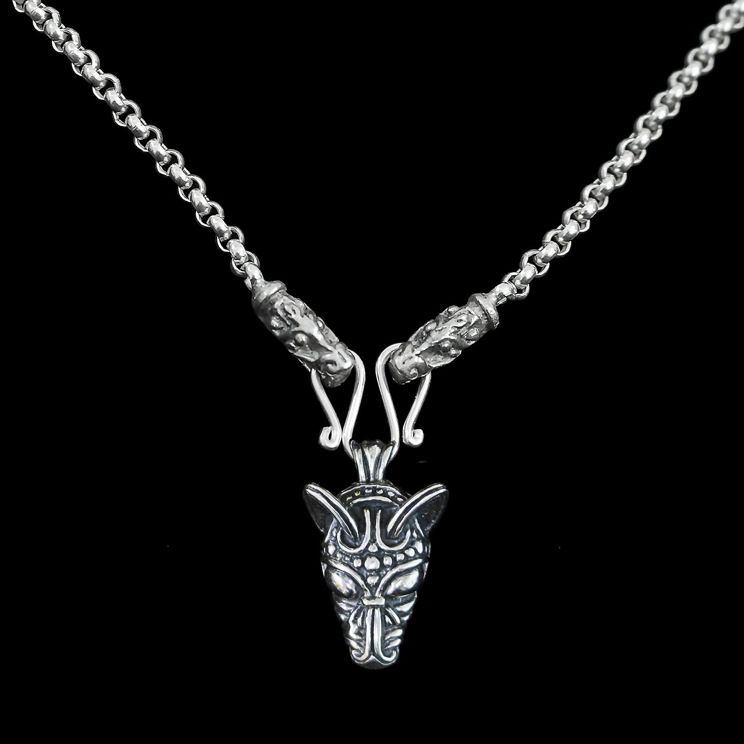 Slim Silver Anchor Chain Pendant Necklace with Gotland Dragon Heads with Wolf Pendant