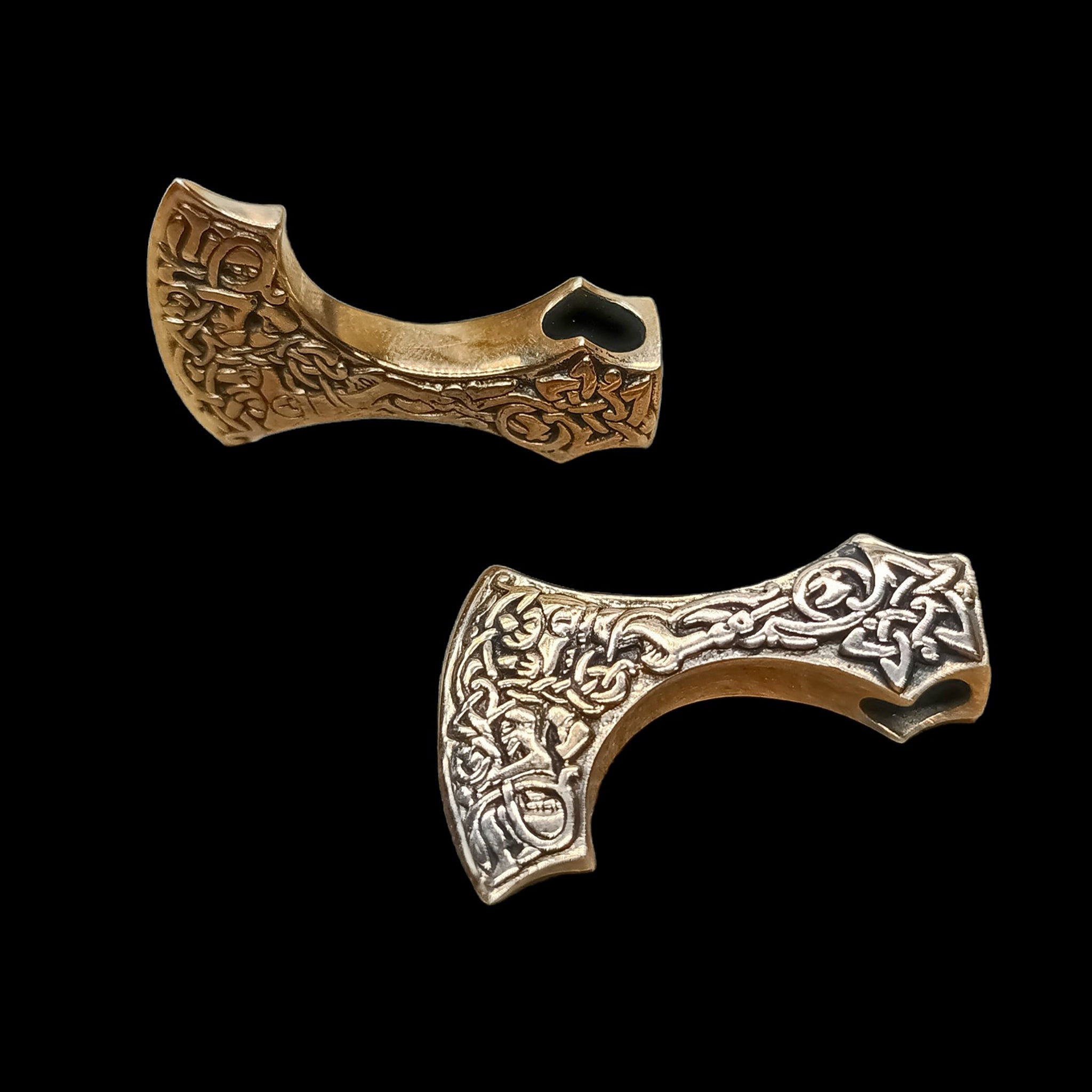 Bronze Bearded Axe Head Pendants - Front and Bottom Views