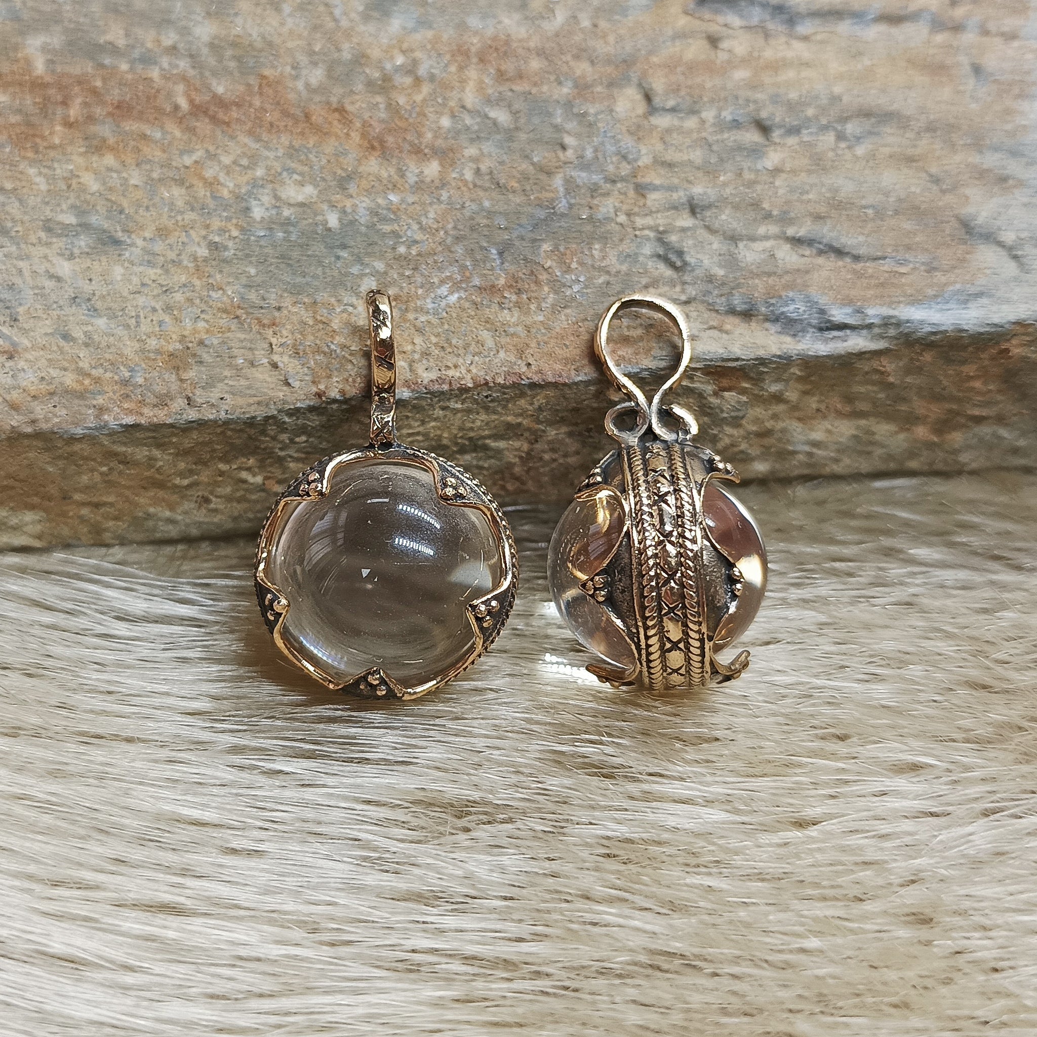 Small Bronze Gotland Crystal Ball Pendants - Front & Side View