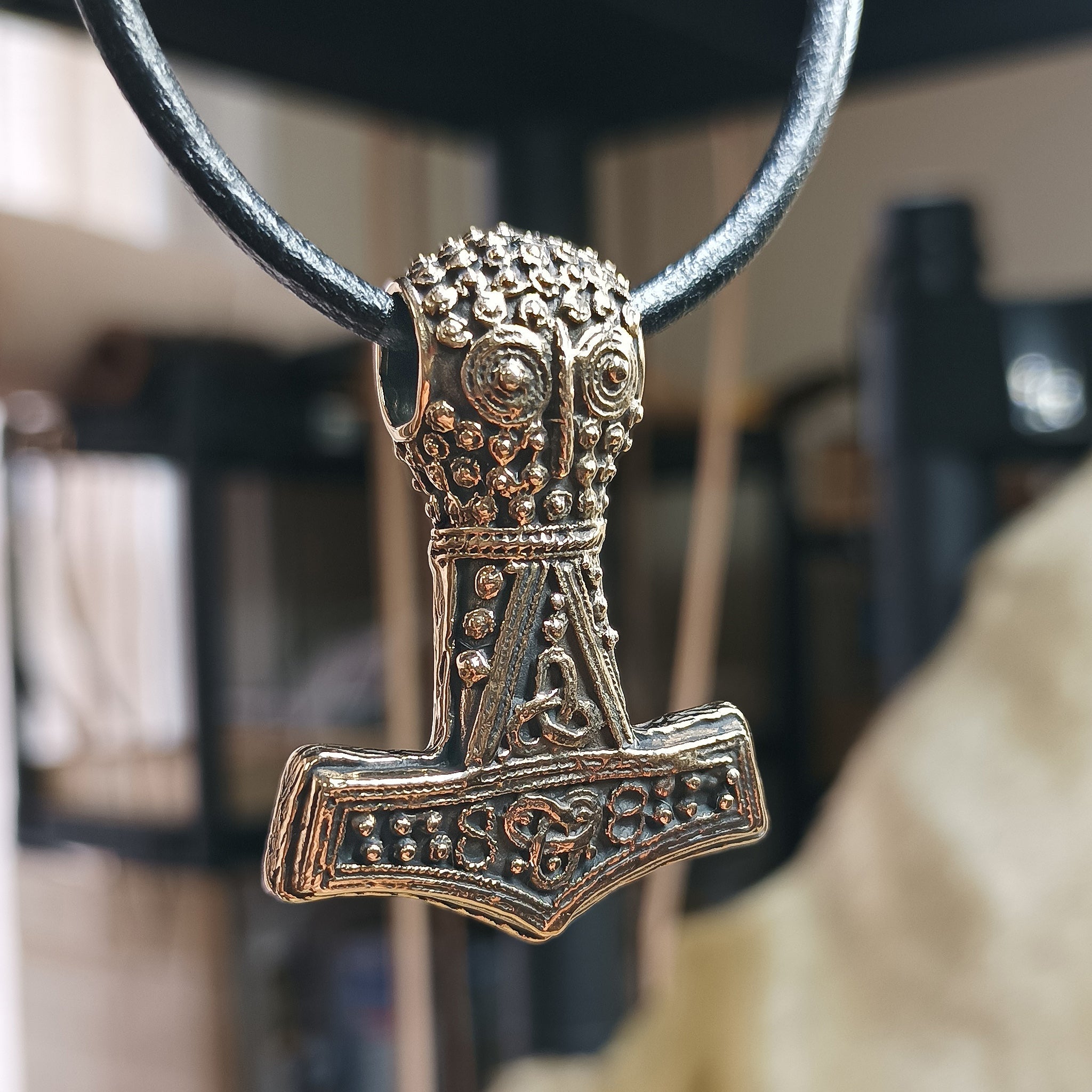 Bronze Replica Thors Hammer Pendant From Öland on Leather Thong