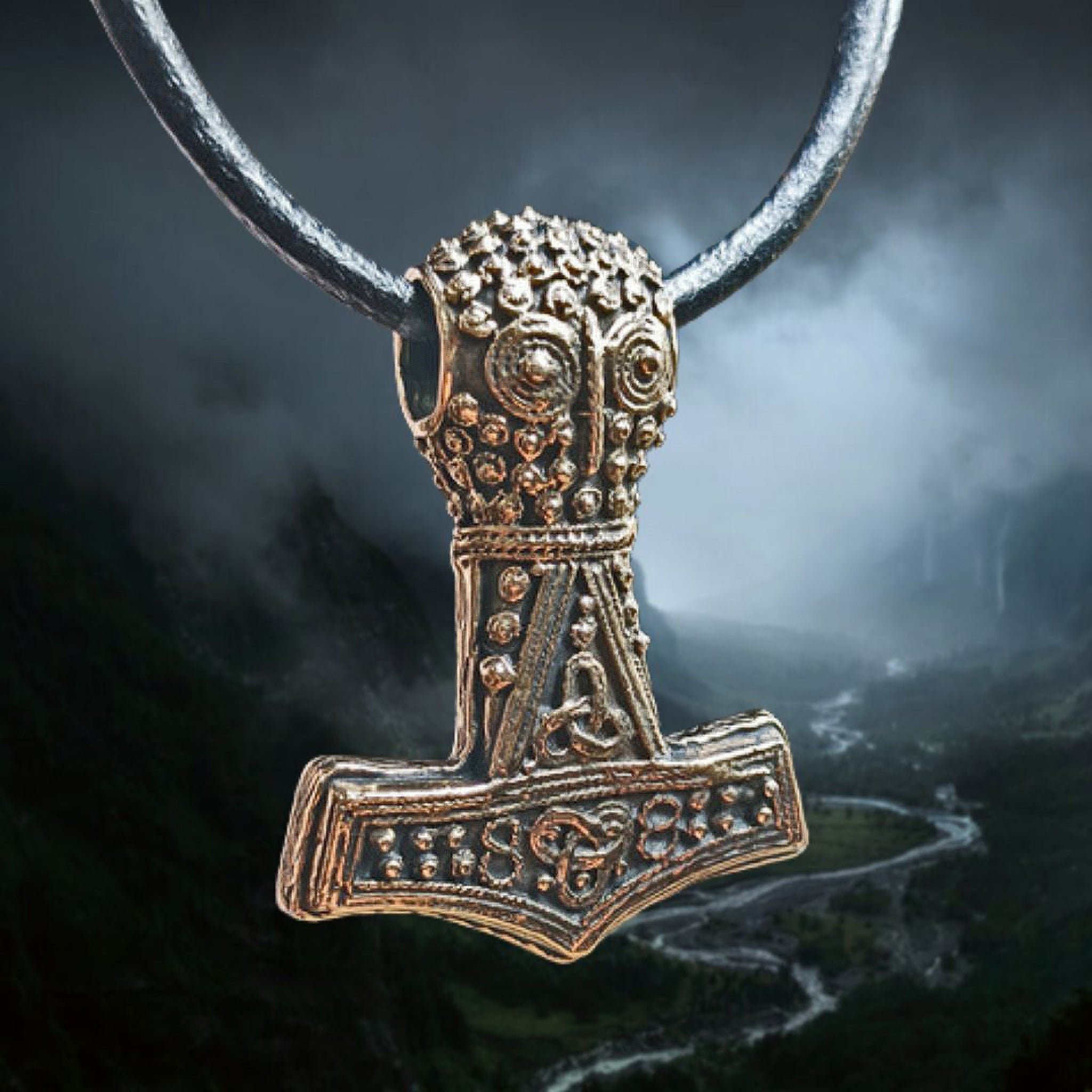 Bronze Replica Thors Hammer Pendant From Öland - Mystical River Background