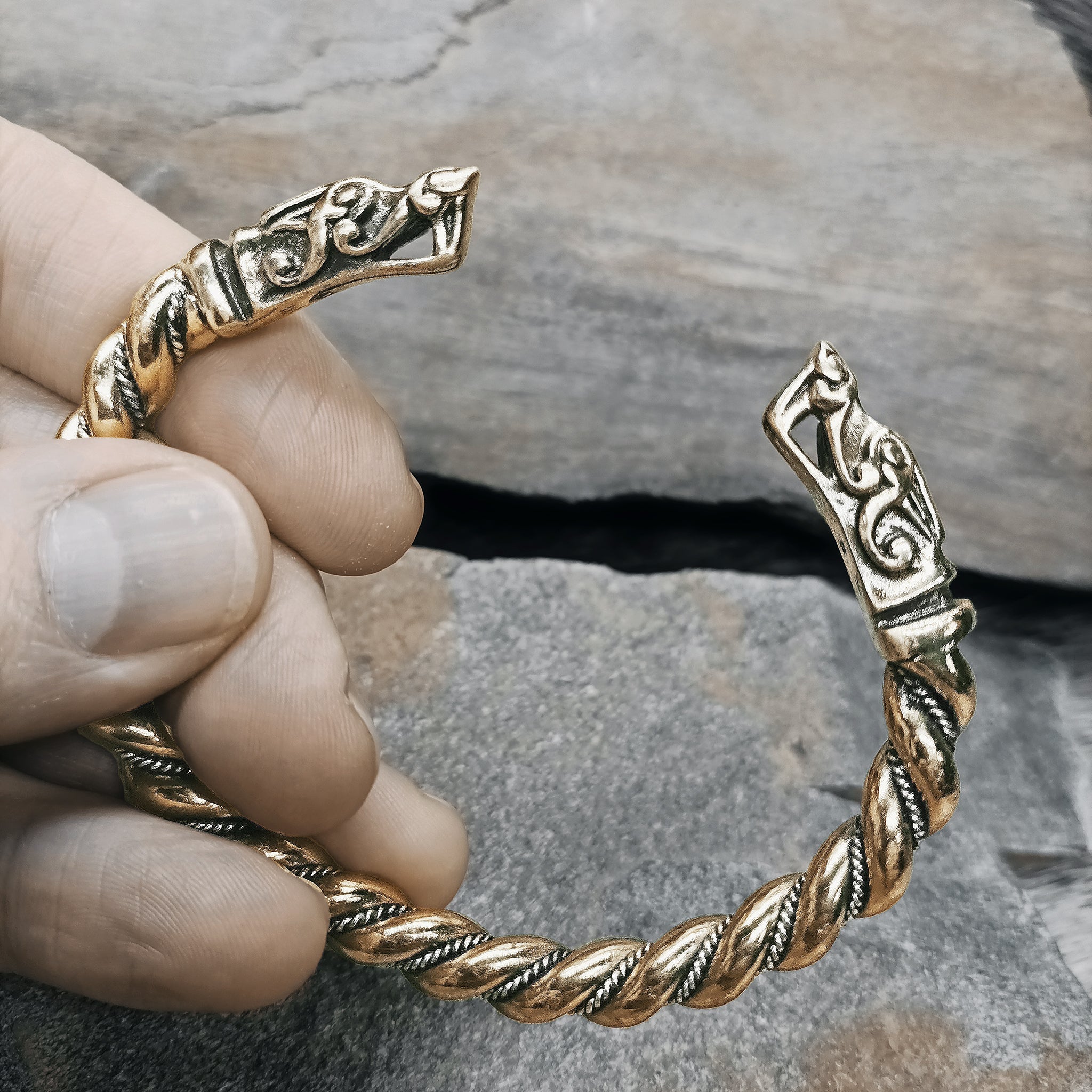 Twisted Bronze and Silver Bracelet With Gotlandic Dragon Heads in Fingers