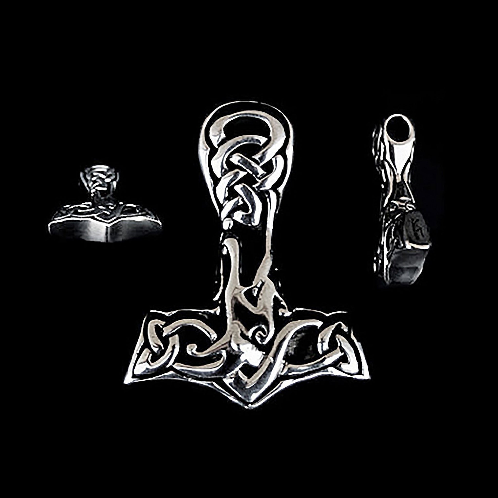 Large Silver Interlace Thors Hammer Pendant - Front & Side Views