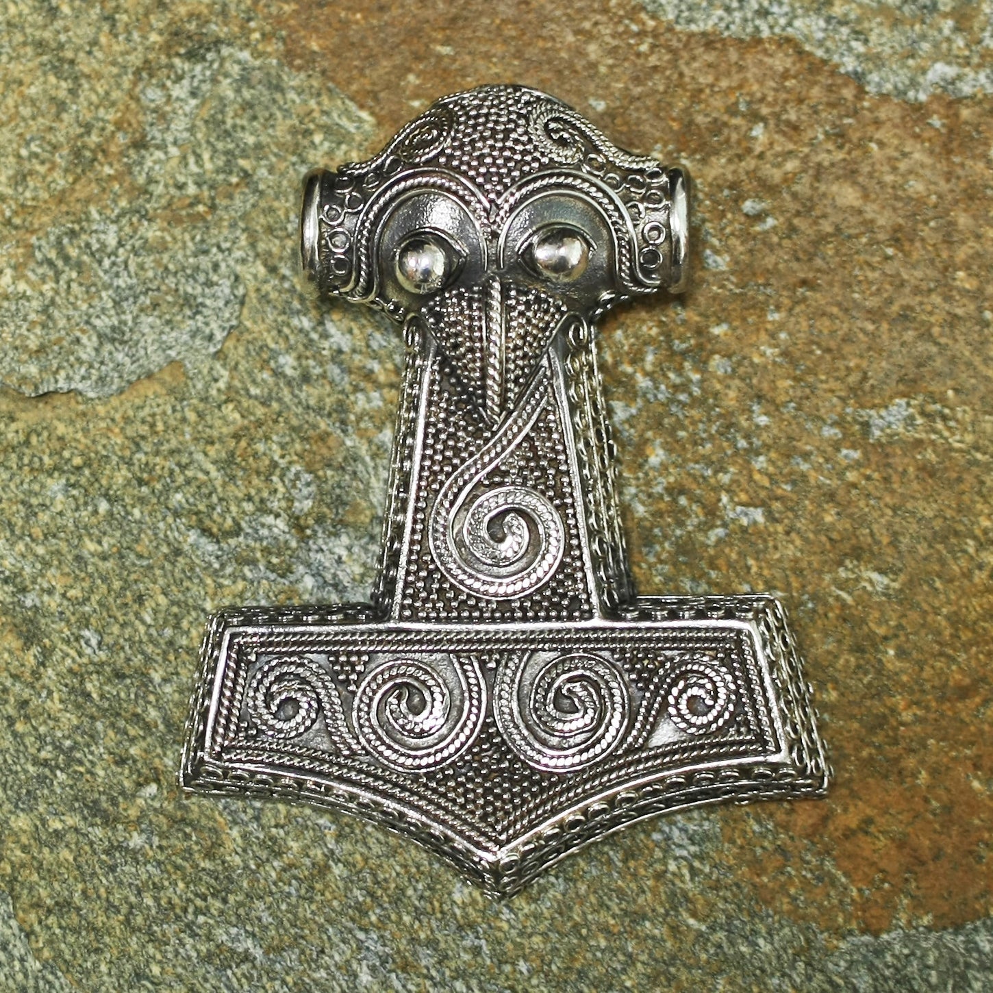 Large Silver Filigree Thor's Hammer from Kabara on Rock - Viking Jewelry