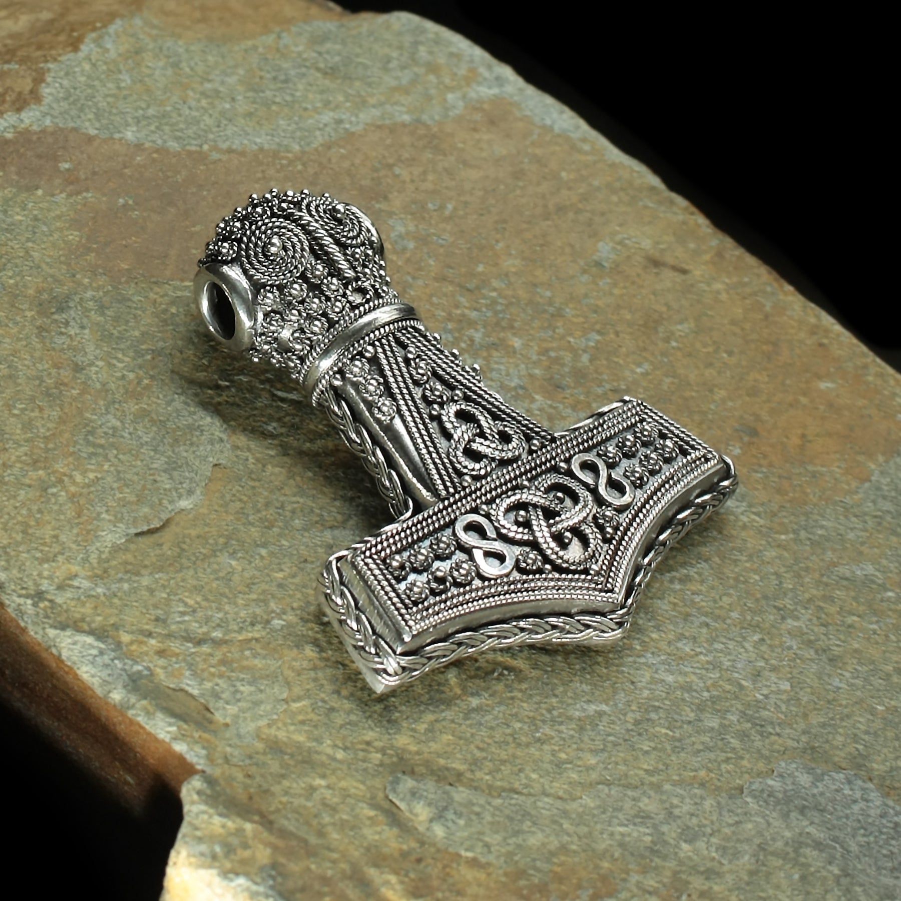 Large Silver Filigree Thors Hammer Pendant Replica from Öland on Rock