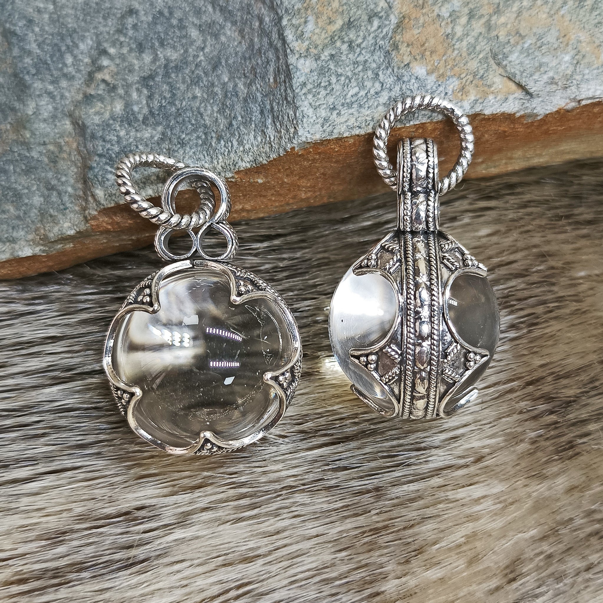 Medium Silver Gotland Crystal Ball Pendants - Front & Side View