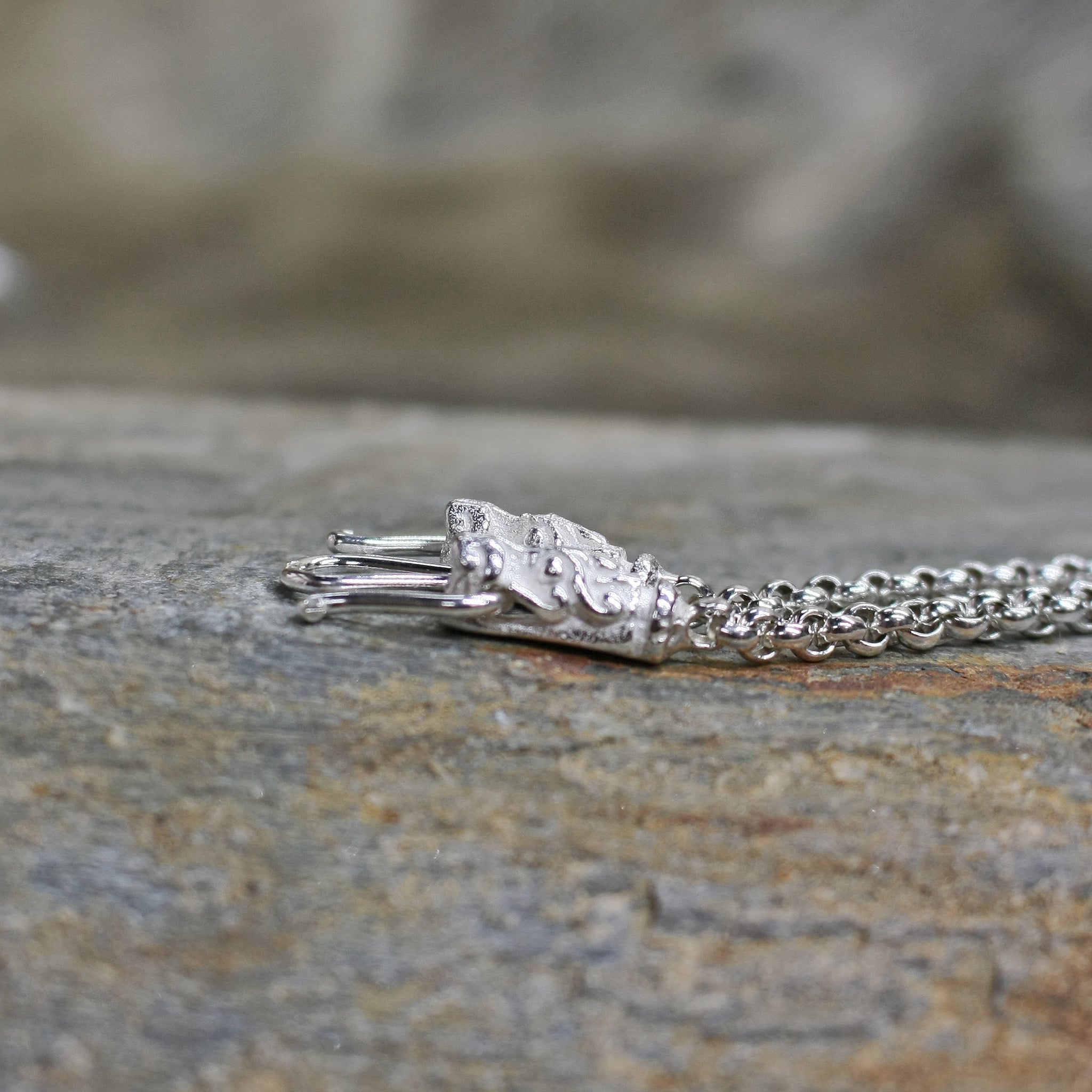 Sterling Silver Viking Necklace with Gotlandic Dragon Heads and Anchor Chain on Rock with Butterfly Clasp
