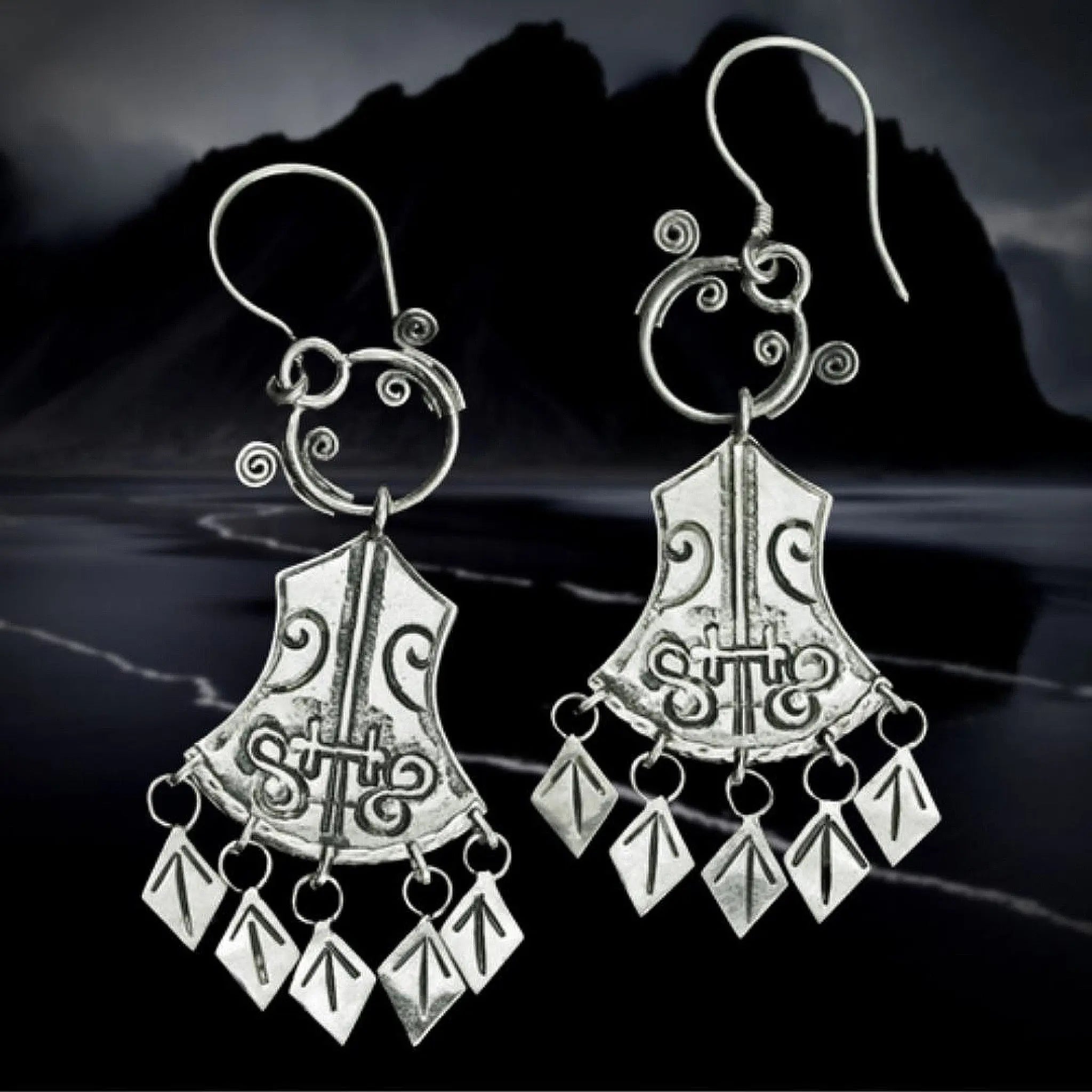 Silver 5 Tiwaz Rune Norwegian Viking Earrings - Viking Jewelry