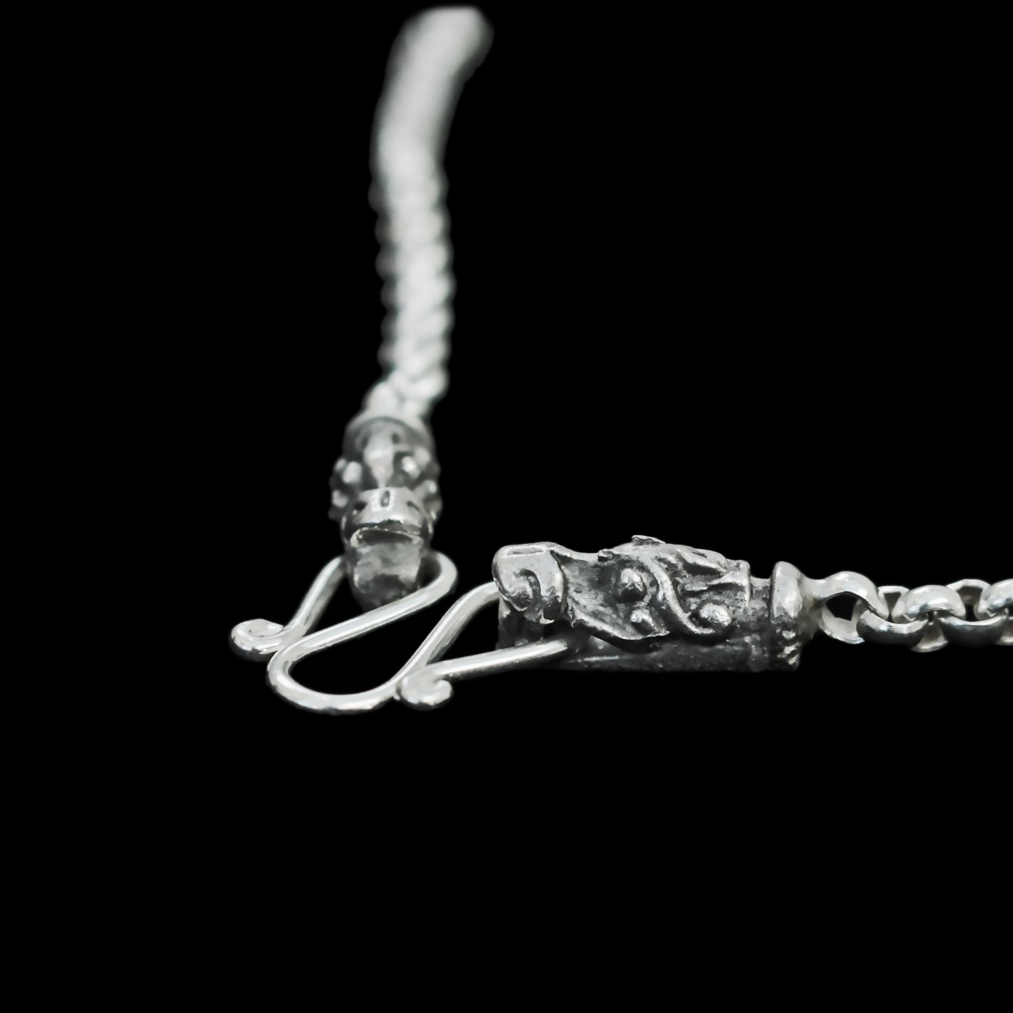 Slim Silver Anchor Chain Pendant Necklace with Gotland Dragon Heads Close Up