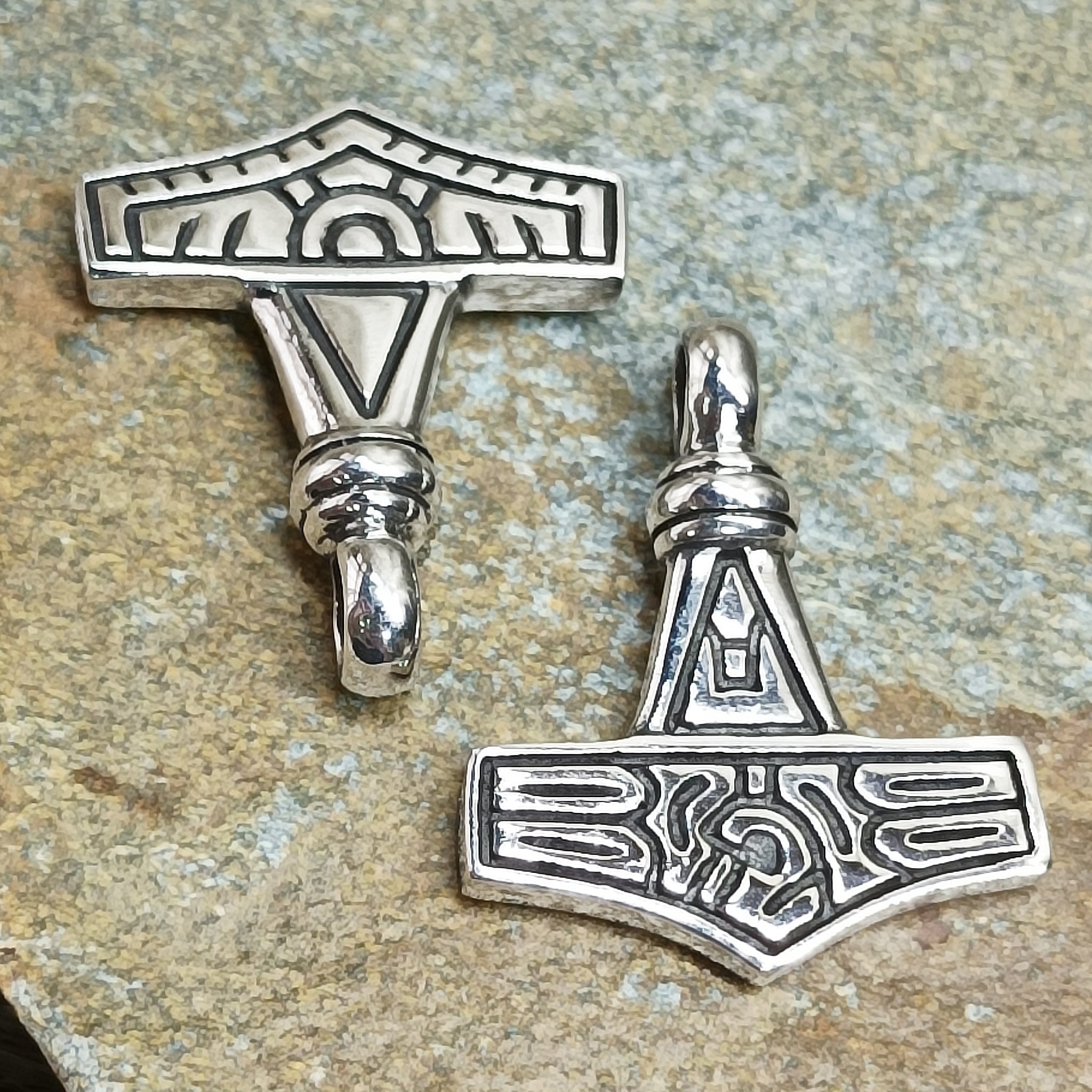 Silver Gotland Replica Thors Hammer Pendants on Rock - Front & Back