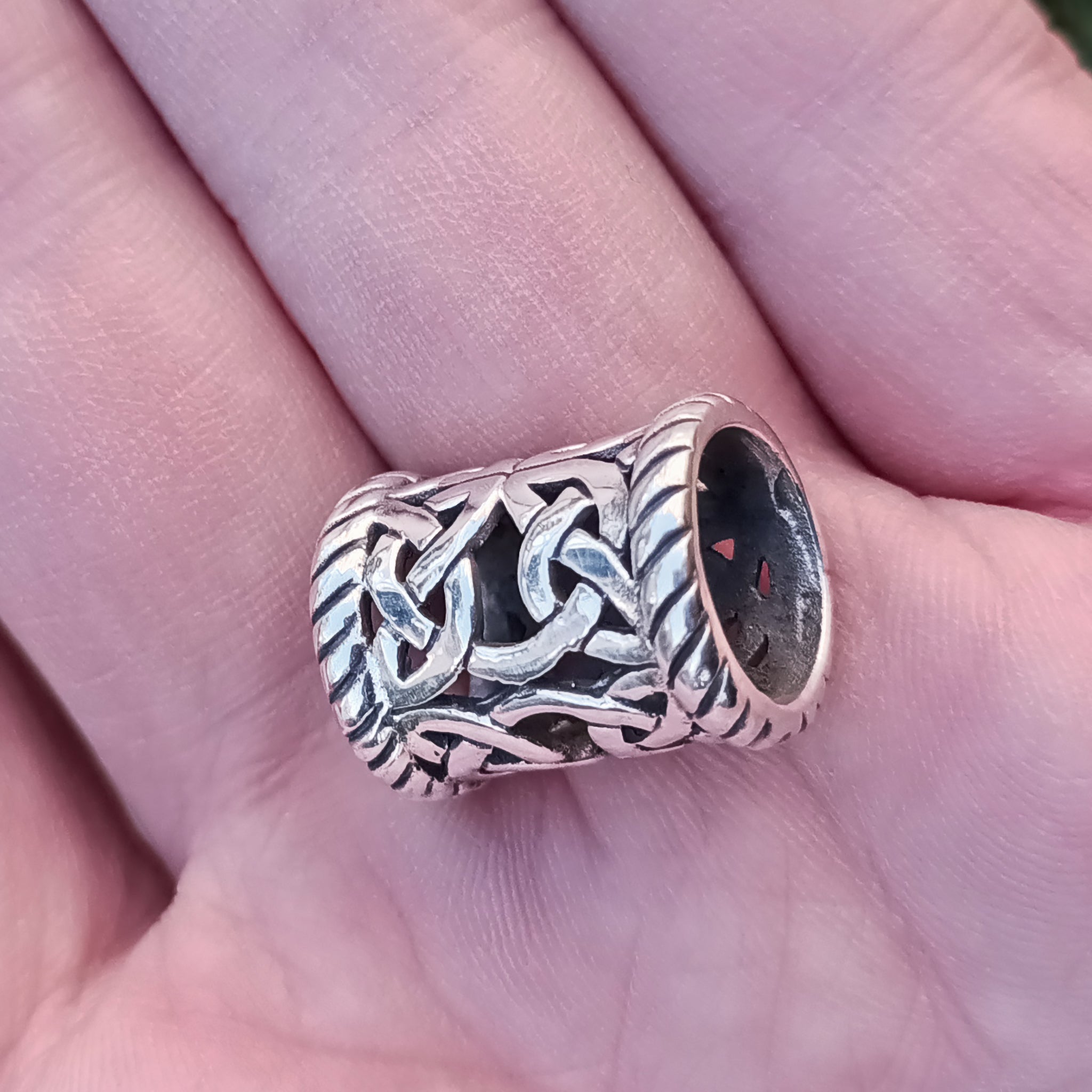 Large Openwork Viking Beard Ring in Silver on Hand - Angle