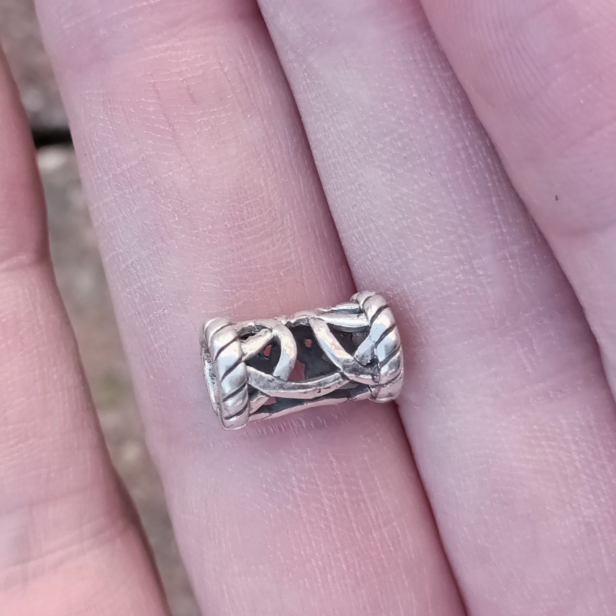 Small Silver Openwork Viking Beard Ring on Hand