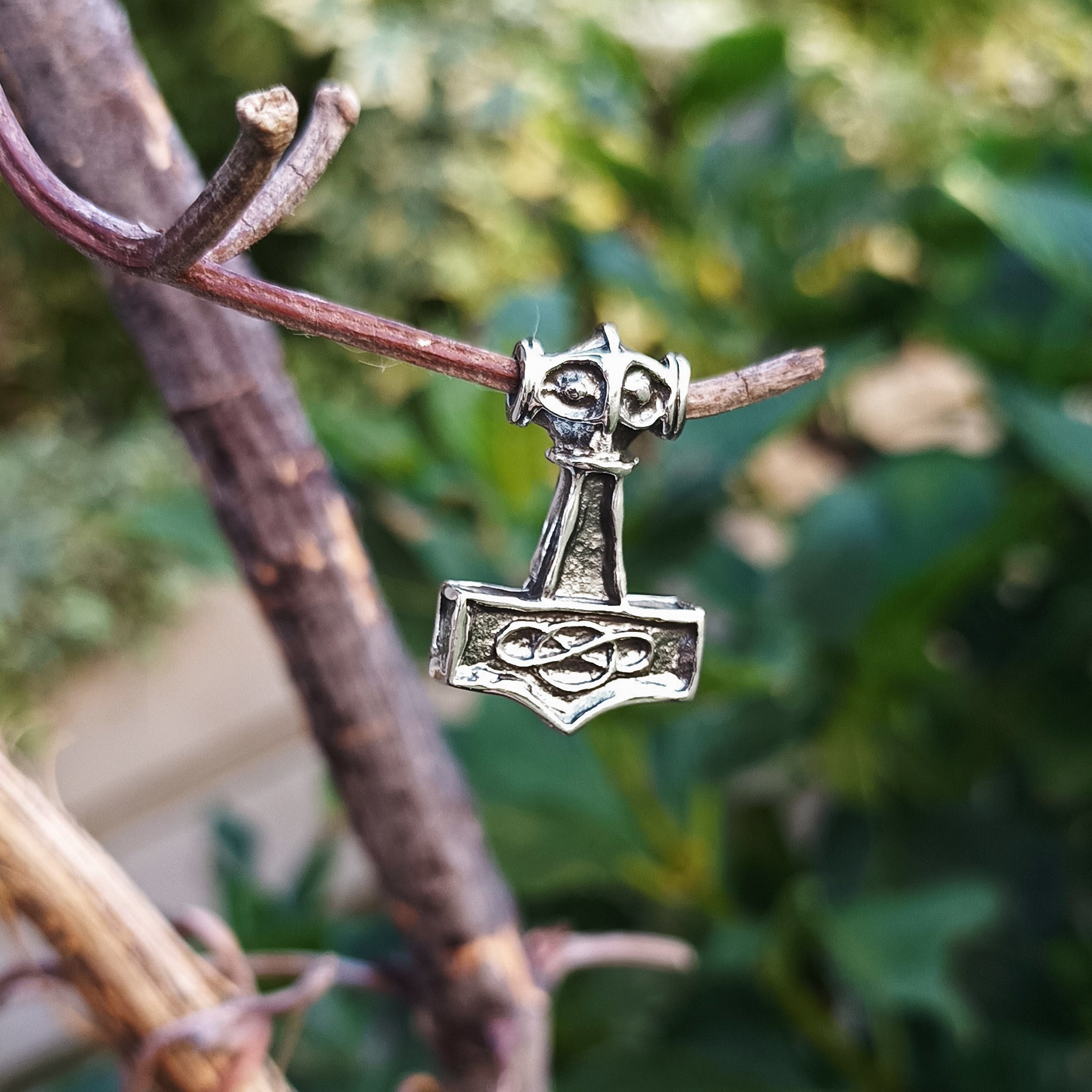 Small Silver Thunder Thors Hammer Pendant in Tree